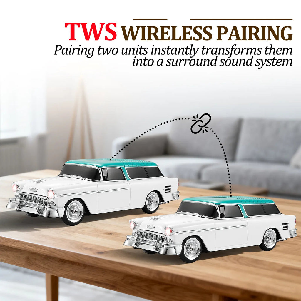 WS - 1955 Retro Sedan Bluetooth Replica Speaker – Portable Wireless Car Model with HD Sound, TWS, FM, LED Party Light, USB/TF, Type - C, Hands - Free Mic for Car Enthusiasts & Home Audio - WSTER