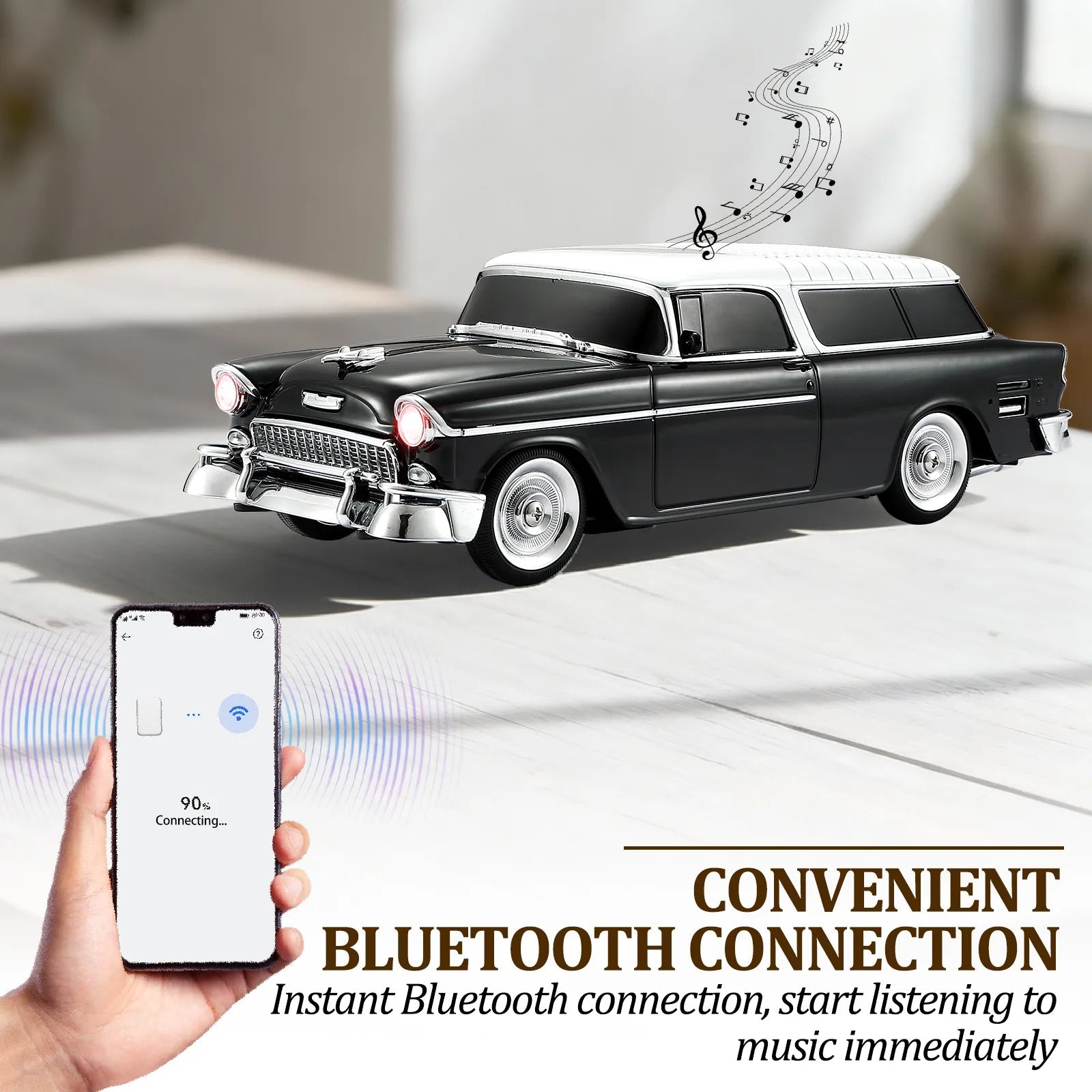 WS - 1955 Retro Sedan Bluetooth Replica Speaker – Portable Wireless Car Model with HD Sound, TWS, FM, LED Party Light, USB/TF, Type - C, Hands - Free Mic for Car Enthusiasts & Home Audio - WSTER