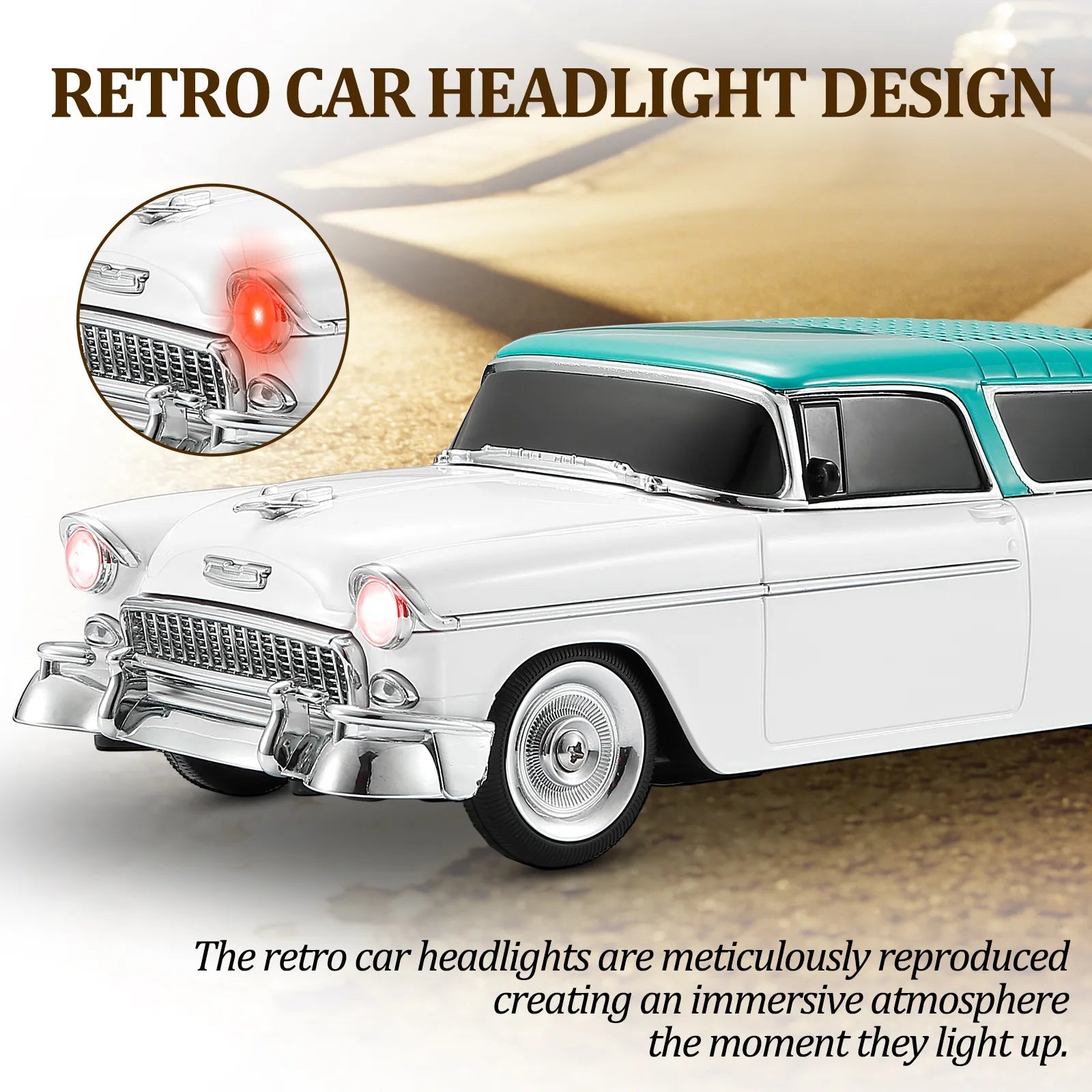 WS - 1955 Retro Sedan Bluetooth Replica Speaker – Portable Wireless Car Model with HD Sound, TWS, FM, LED Party Light, USB/TF, Type - C, Hands - Free Mic for Car Enthusiasts & Home Audio - WSTER