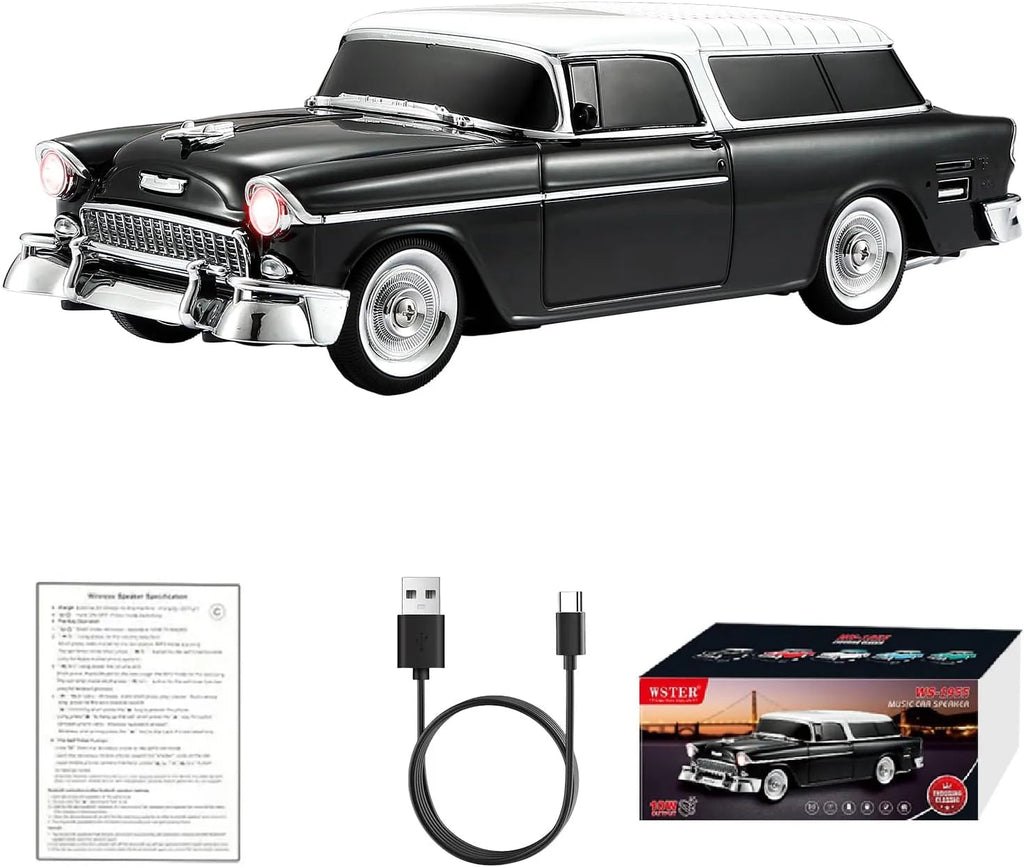WS - 1955 Retro Sedan Bluetooth Replica Speaker – Portable Wireless Car Model with HD Sound, TWS, FM, LED Party Light, USB/TF, Type - C, Hands - Free Mic for Car Enthusiasts & Home Audio - WSTER