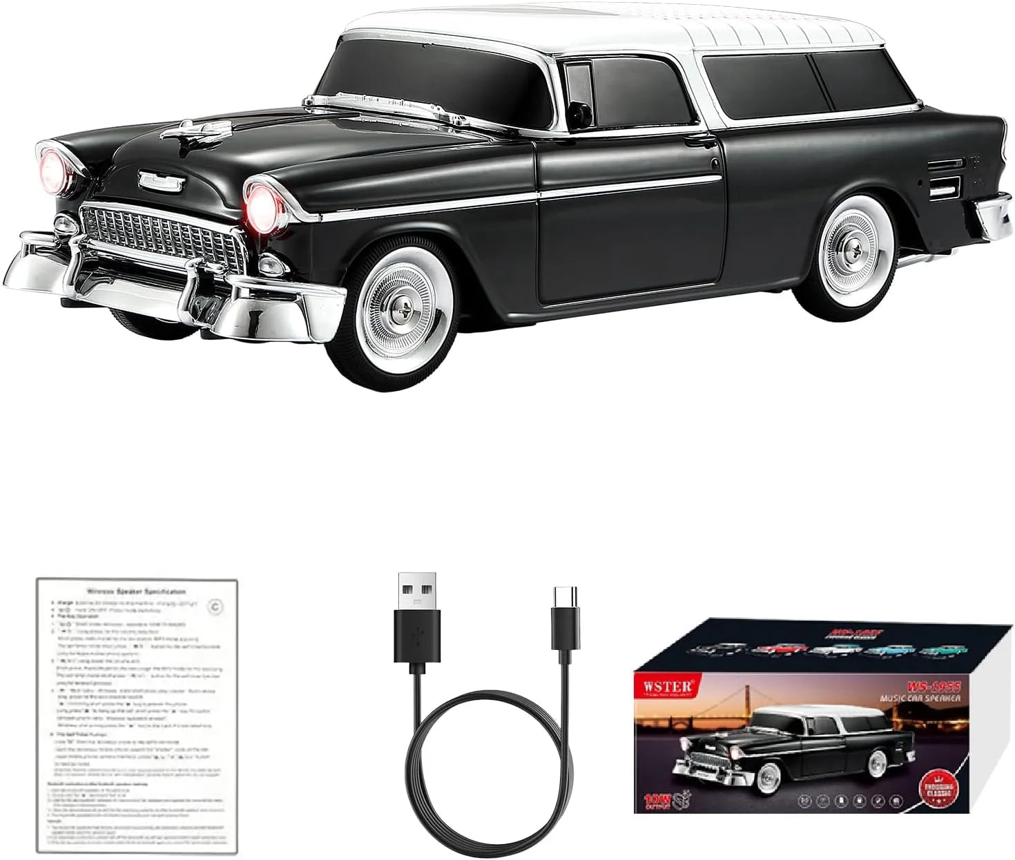 WS - 1955 Retro Sedan Bluetooth Replica Speaker – Portable Wireless Car Model with HD Sound, TWS, FM, LED Party Light, USB/TF, Type - C, Hands - Free Mic for Car Enthusiasts & Home Audio - WSTER