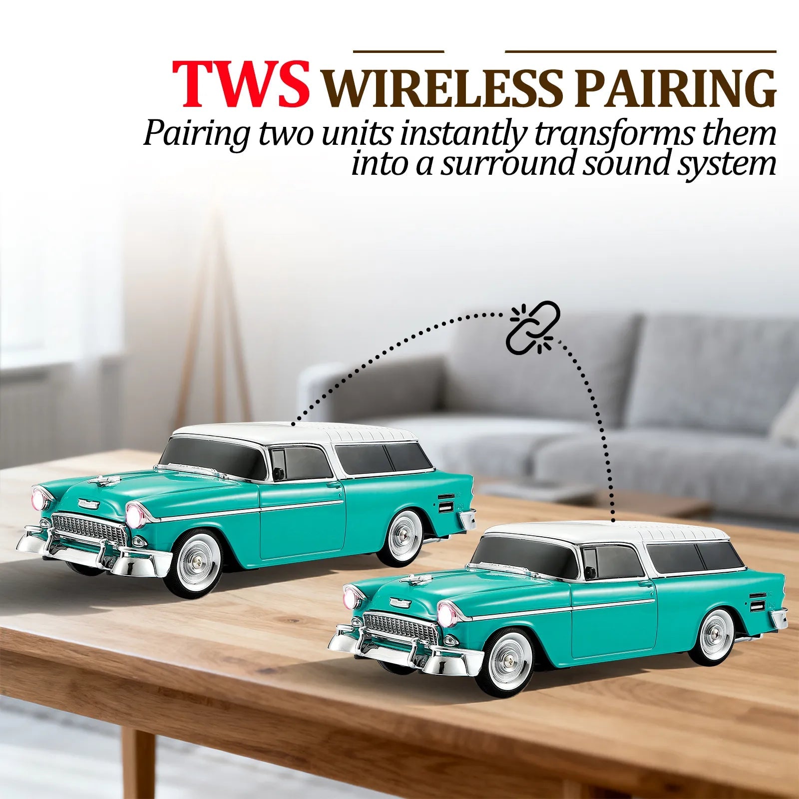 WS - 1955 Retro Sedan Bluetooth Replica Speaker – Portable Wireless Car Model with HD Sound, TWS, FM, LED Party Light, USB/TF, Type - C, Hands - Free Mic for Car Enthusiasts & Home Audio - WSTER