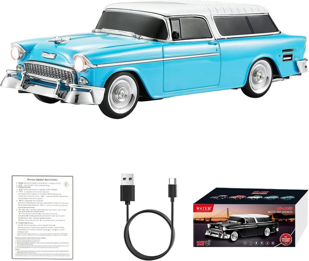 WS - 1955 Retro Sedan Bluetooth Replica Speaker – Portable Wireless Car Model with HD Sound, TWS, FM, LED Party Light, USB/TF, Type - C, Hands - Free Mic for Car Enthusiasts & Home Audio - WSTER