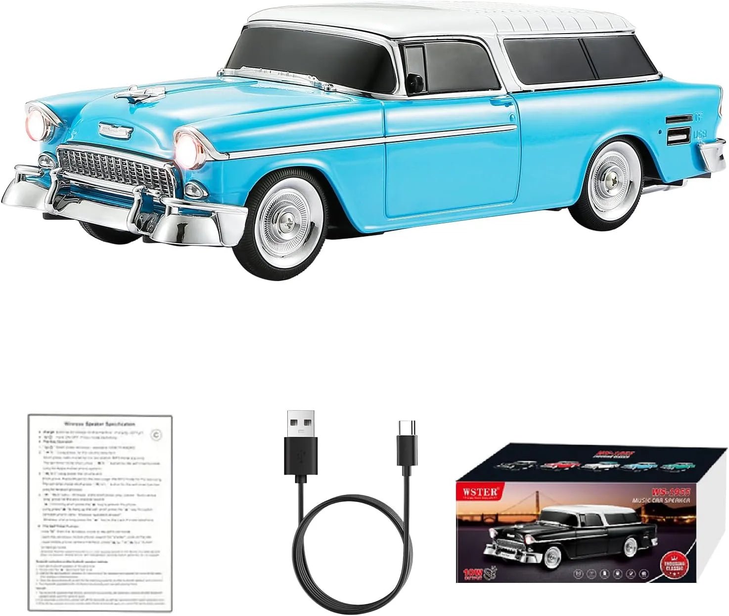 WS - 1955 Retro Sedan Bluetooth Replica Speaker – Portable Wireless Car Model with HD Sound, TWS, FM, LED Party Light, USB/TF, Type - C, Hands - Free Mic for Car Enthusiasts & Home Audio - WSTER