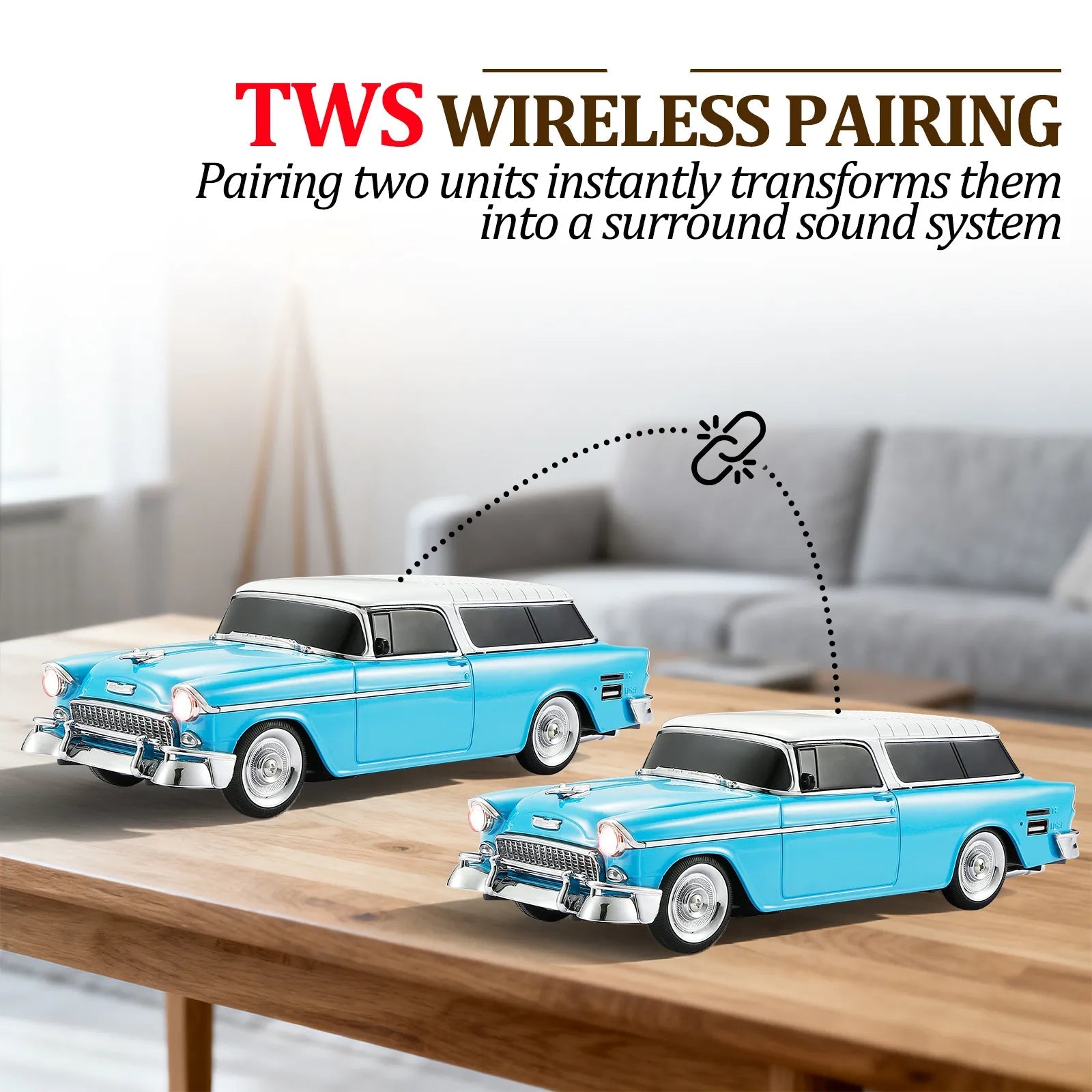 WS - 1955 Retro Sedan Bluetooth Replica Speaker – Portable Wireless Car Model with HD Sound, TWS, FM, LED Party Light, USB/TF, Type - C, Hands - Free Mic for Car Enthusiasts & Home Audio - WSTER