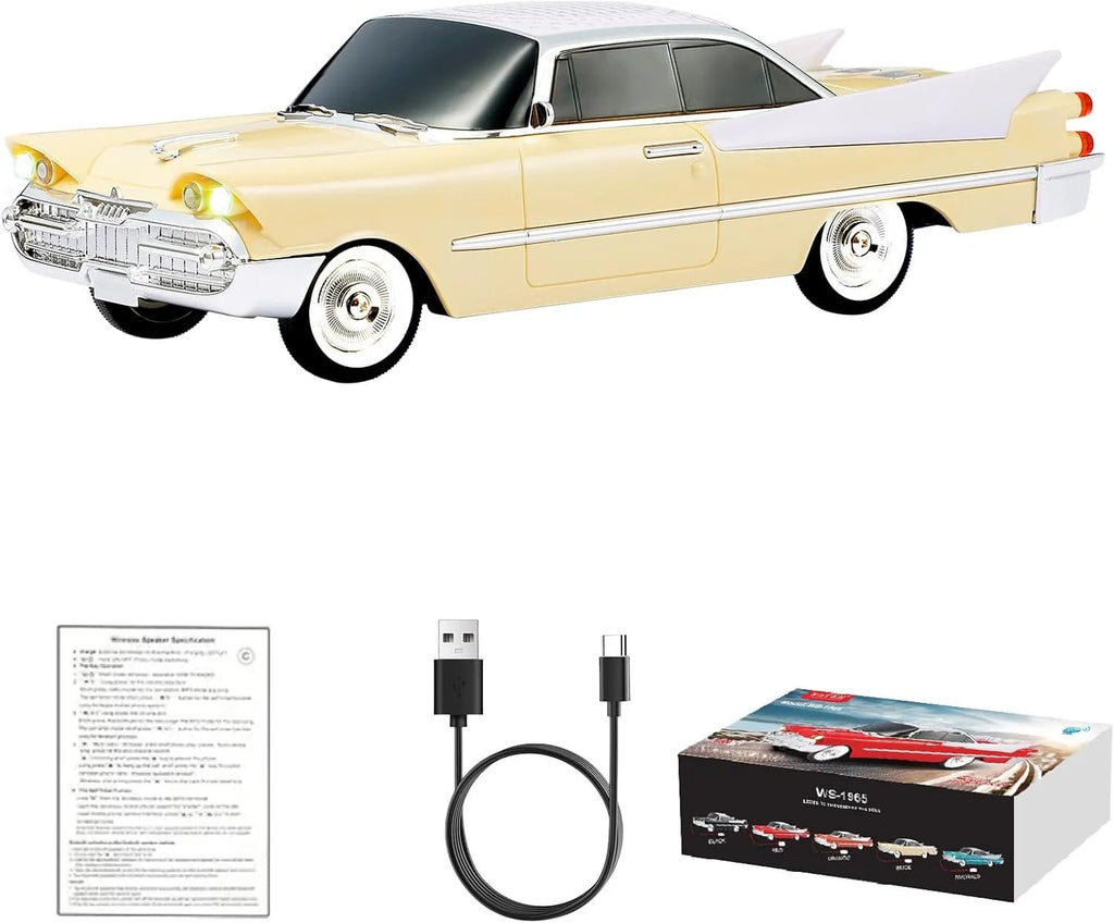 WS - 1965 Bluetooth Replica Speaker – Retro Rocket Car Design, HD Sound, TWS, LED Party Lights, FM Radio, USB/TF Playback, Built - in Microphone – Portable Surprise Gift for Car Lovers - WSTER