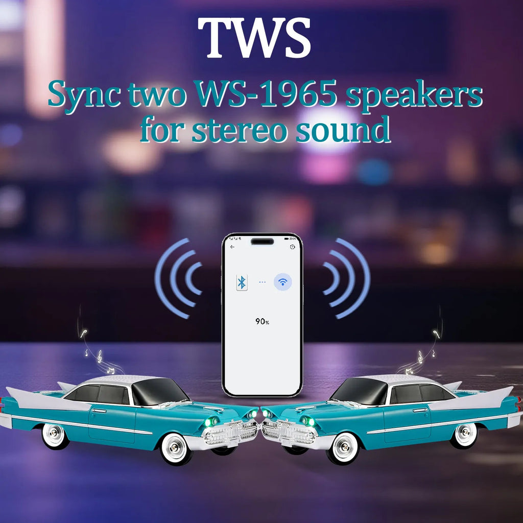 WS - 1965 Bluetooth Replica Speaker – Retro Rocket Car Design, HD Sound, TWS, LED Party Lights, FM Radio, USB/TF Playback, Built - in Microphone – Portable Surprise Gift for Car Lovers - WSTER