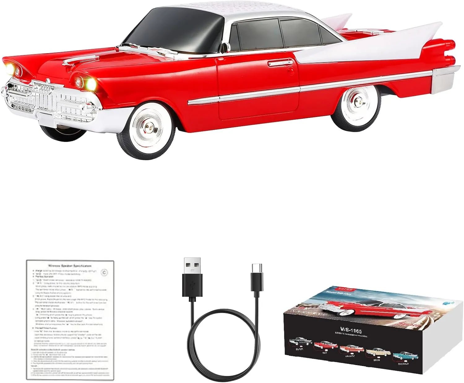 WS - 1965 Bluetooth Replica Speaker – Retro Rocket Car Design, HD Sound, TWS, LED Party Lights, FM Radio, USB/TF Playback, Built - in Microphone – Portable Surprise Gift for Car Lovers - WSTER