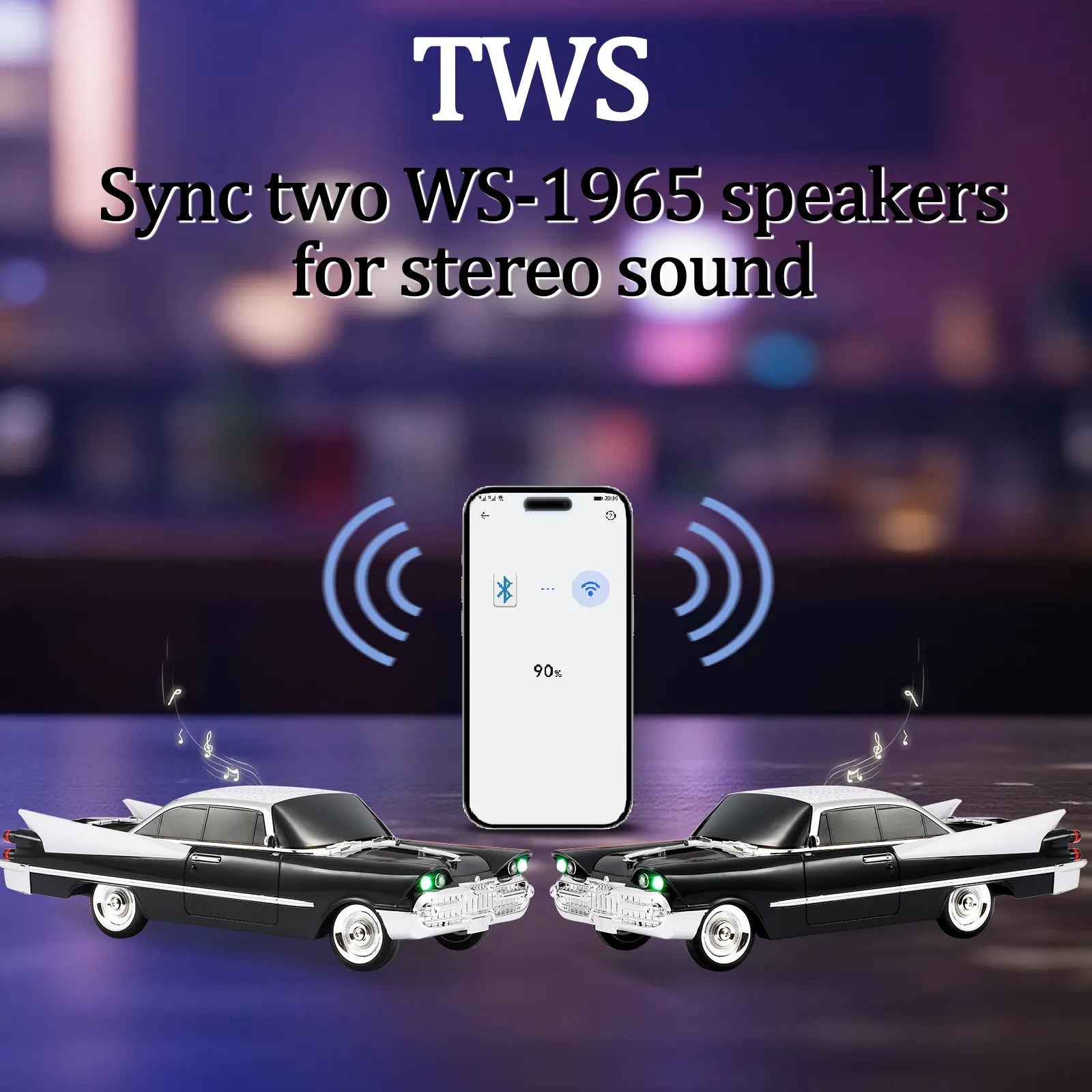 WS - 1965 Bluetooth Replica Speaker – Retro Rocket Car Design, HD Sound, TWS, LED Party Lights, FM Radio, USB/TF Playback, Built - in Microphone – Portable Surprise Gift for Car Lovers - WSTER