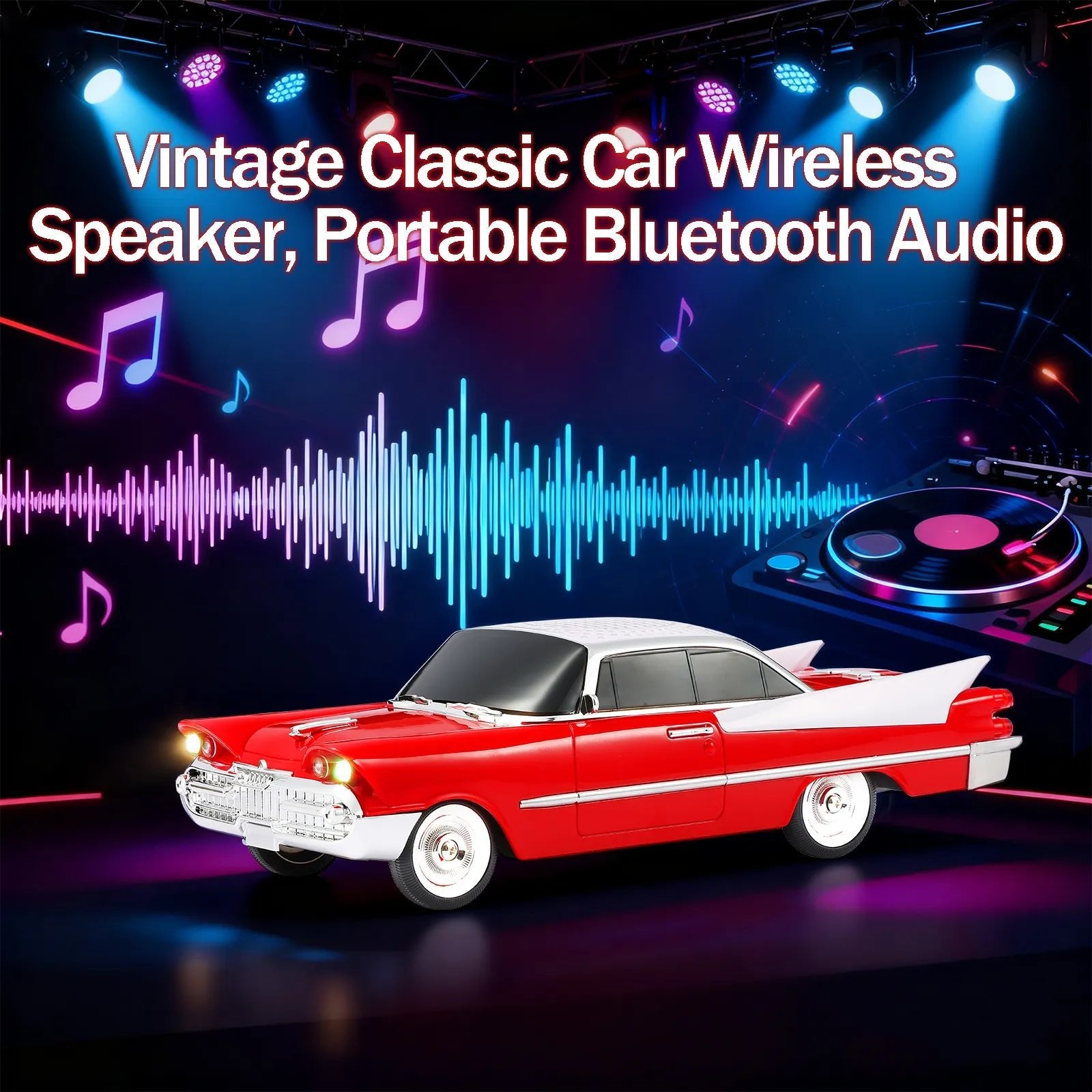 WS - 1965 Bluetooth Replica Speaker – Retro Rocket Car Design, HD Sound, TWS, LED Party Lights, FM Radio, USB/TF Playback, Built - in Microphone – Portable Surprise Gift for Car Lovers - WSTER