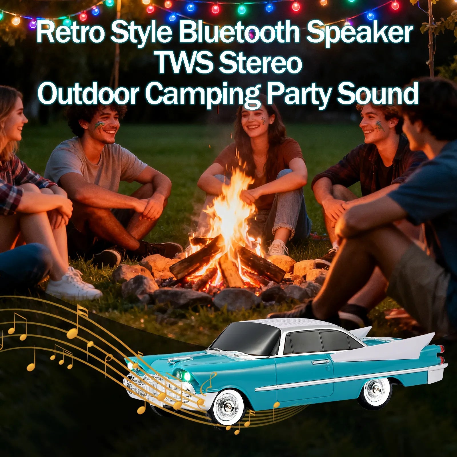 WS - 1965 Bluetooth Replica Speaker – Retro Rocket Car Design, HD Sound, TWS, LED Party Lights, FM Radio, USB/TF Playback, Built - in Microphone – Portable Surprise Gift for Car Lovers - WSTER