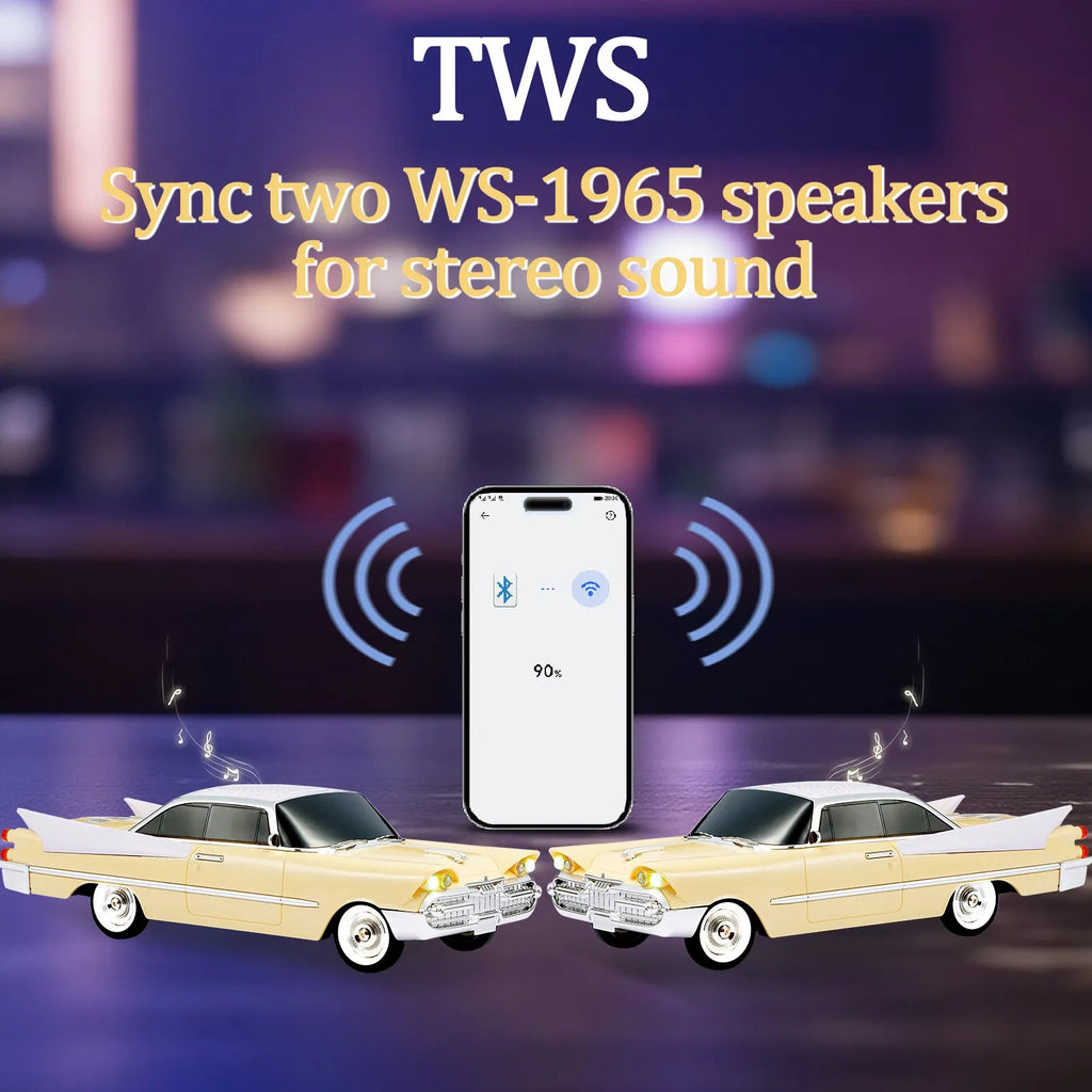 WS - 1965 Bluetooth Replica Speaker – Retro Rocket Car Design, HD Sound, TWS, LED Party Lights, FM Radio, USB/TF Playback, Built - in Microphone – Portable Surprise Gift for Car Lovers - WSTER