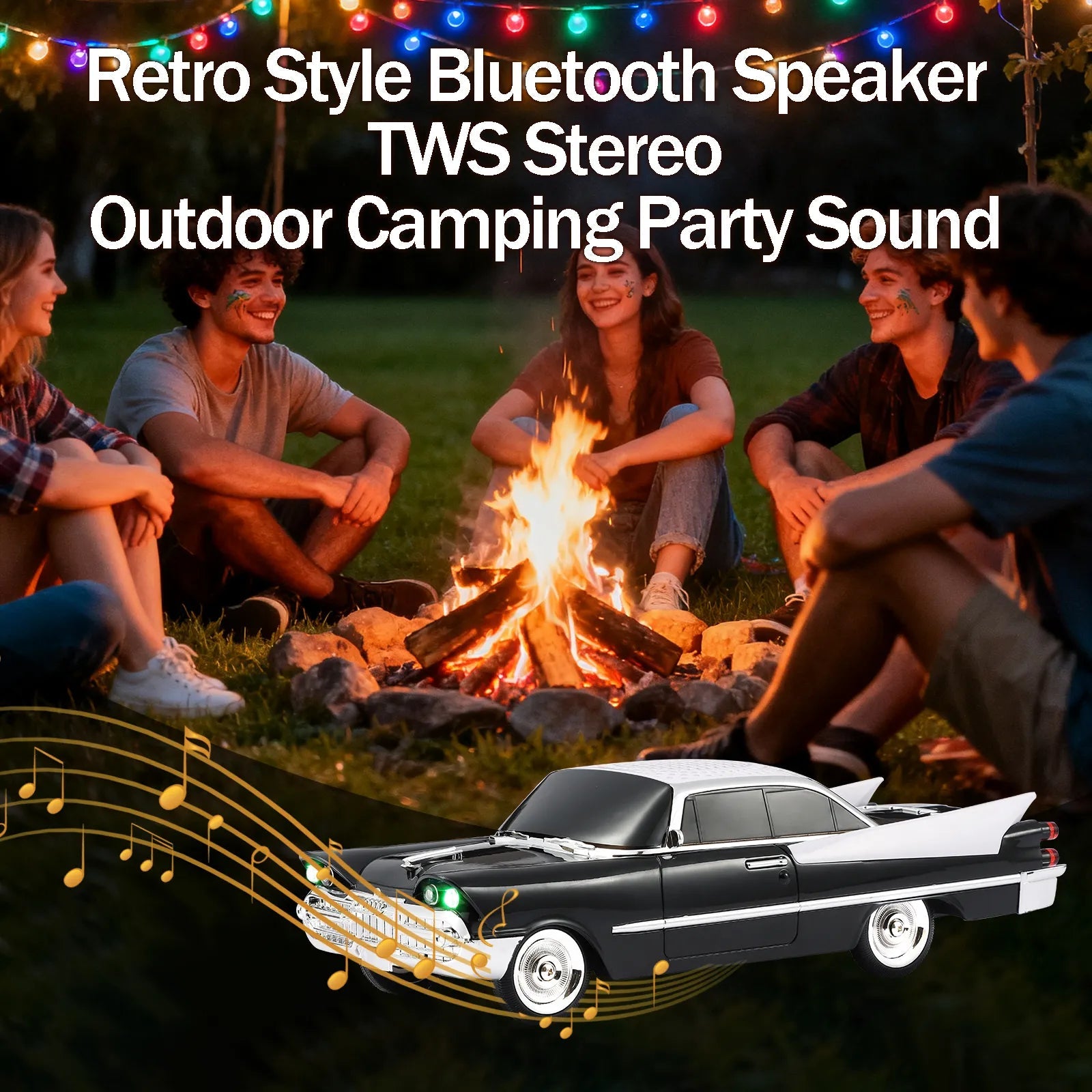 WS - 1965 Bluetooth Replica Speaker – Retro Rocket Car Design, HD Sound, TWS, LED Party Lights, FM Radio, USB/TF Playback, Built - in Microphone – Portable Surprise Gift for Car Lovers - WSTER