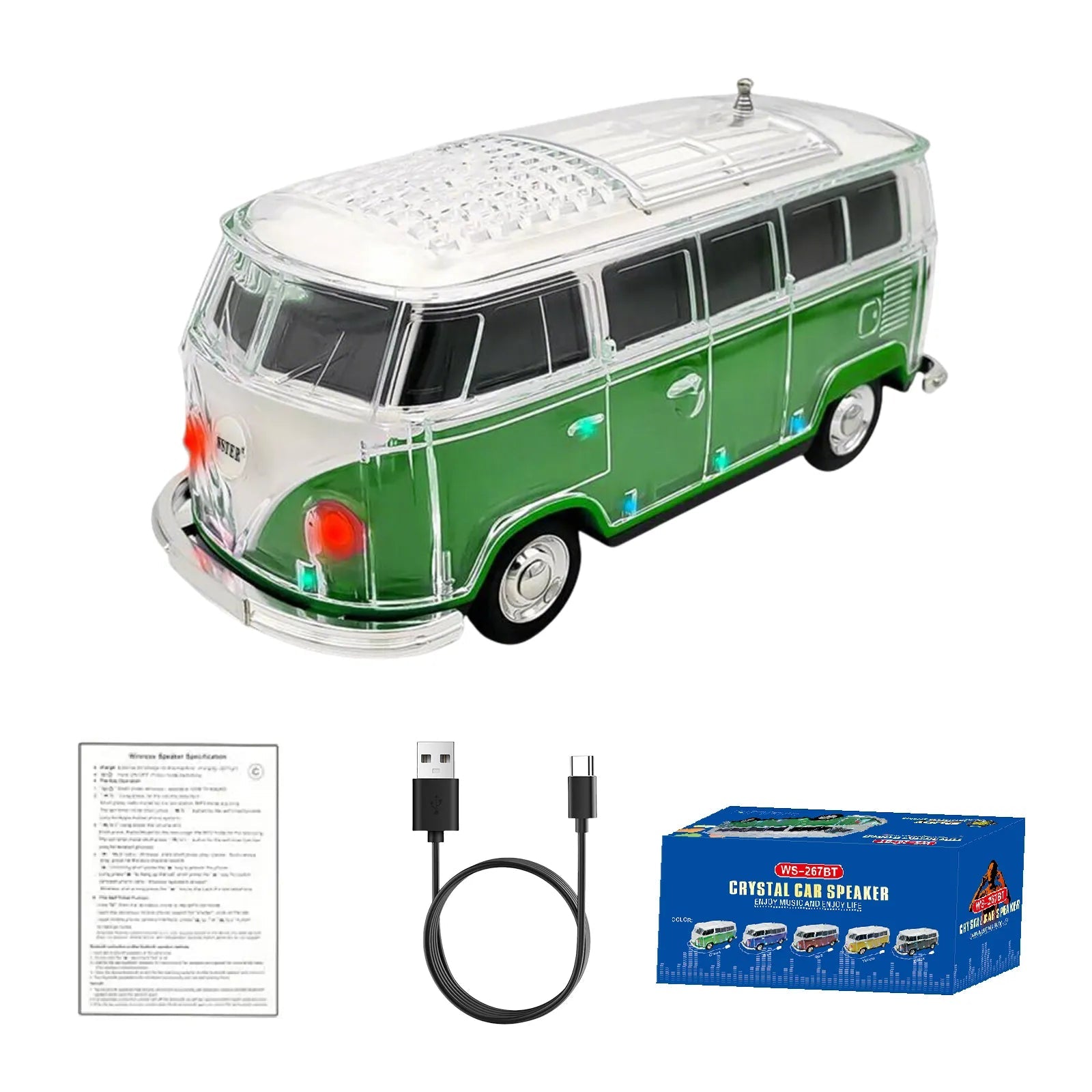 WS - 267 Bluetooth Replica Speaker with Mini Bus Design, Transparent Body with Switchable LED Party Light, FM Radio, TWS Pairing,Supports USB/TF, Considerate Gift for Car Fans & Audio Users - WSTER
