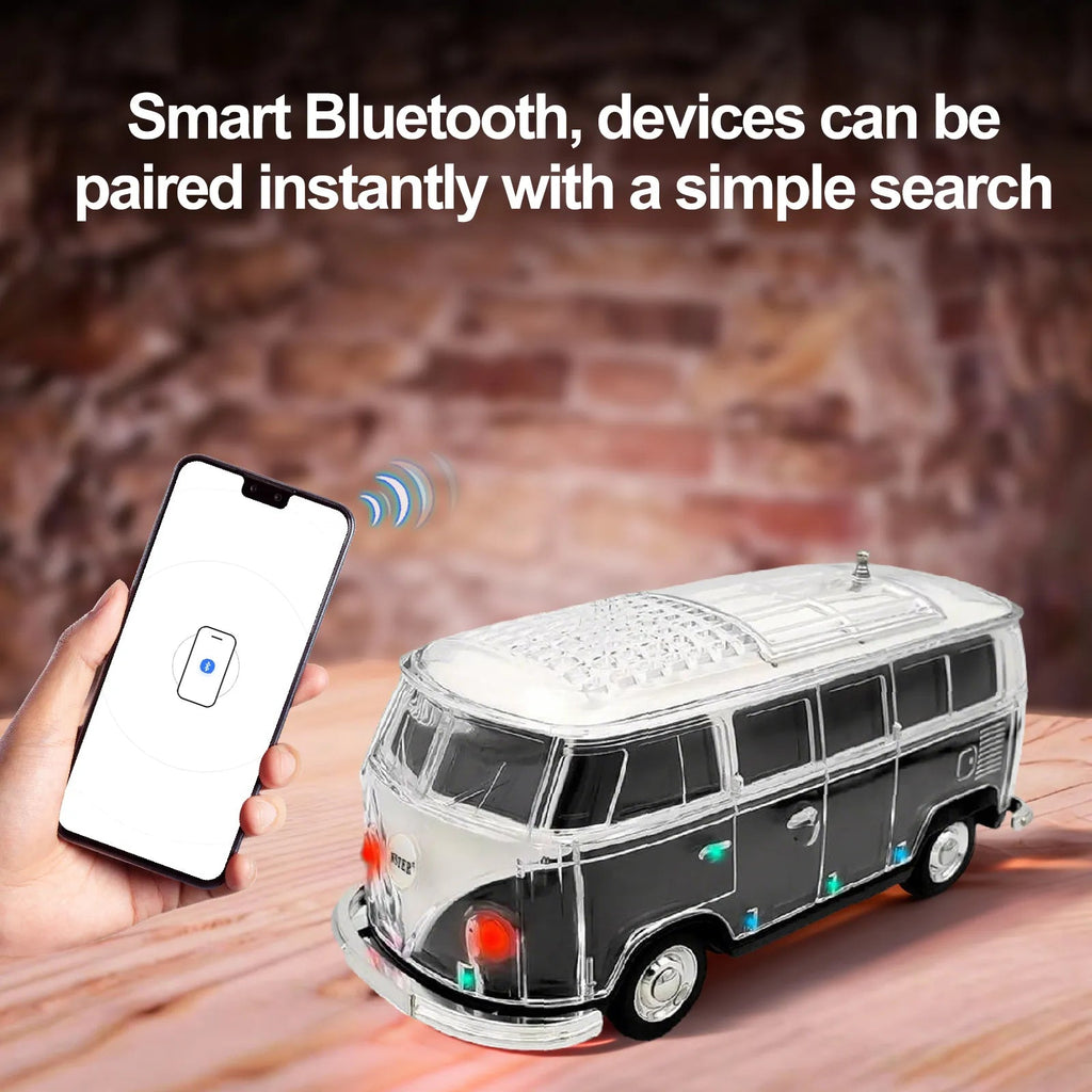 WS - 267 Bluetooth Replica Speaker with Mini Bus Design, Transparent Body with Switchable LED Party Light, FM Radio, TWS Pairing,Supports USB/TF, Considerate Gift for Car Fans & Audio Users - WSTER