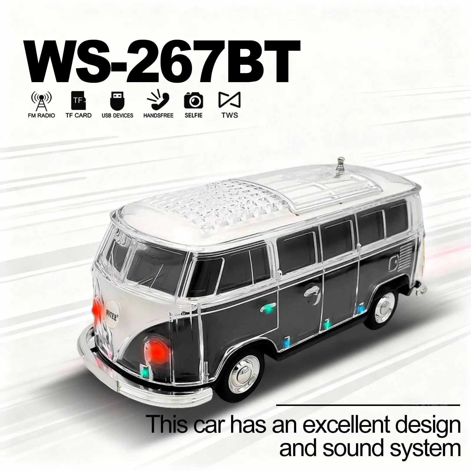 WS - 267 Bluetooth Replica Speaker with Mini Bus Design, Transparent Body with Switchable LED Party Light, FM Radio, TWS Pairing,Supports USB/TF, Considerate Gift for Car Fans & Audio Users - WSTER