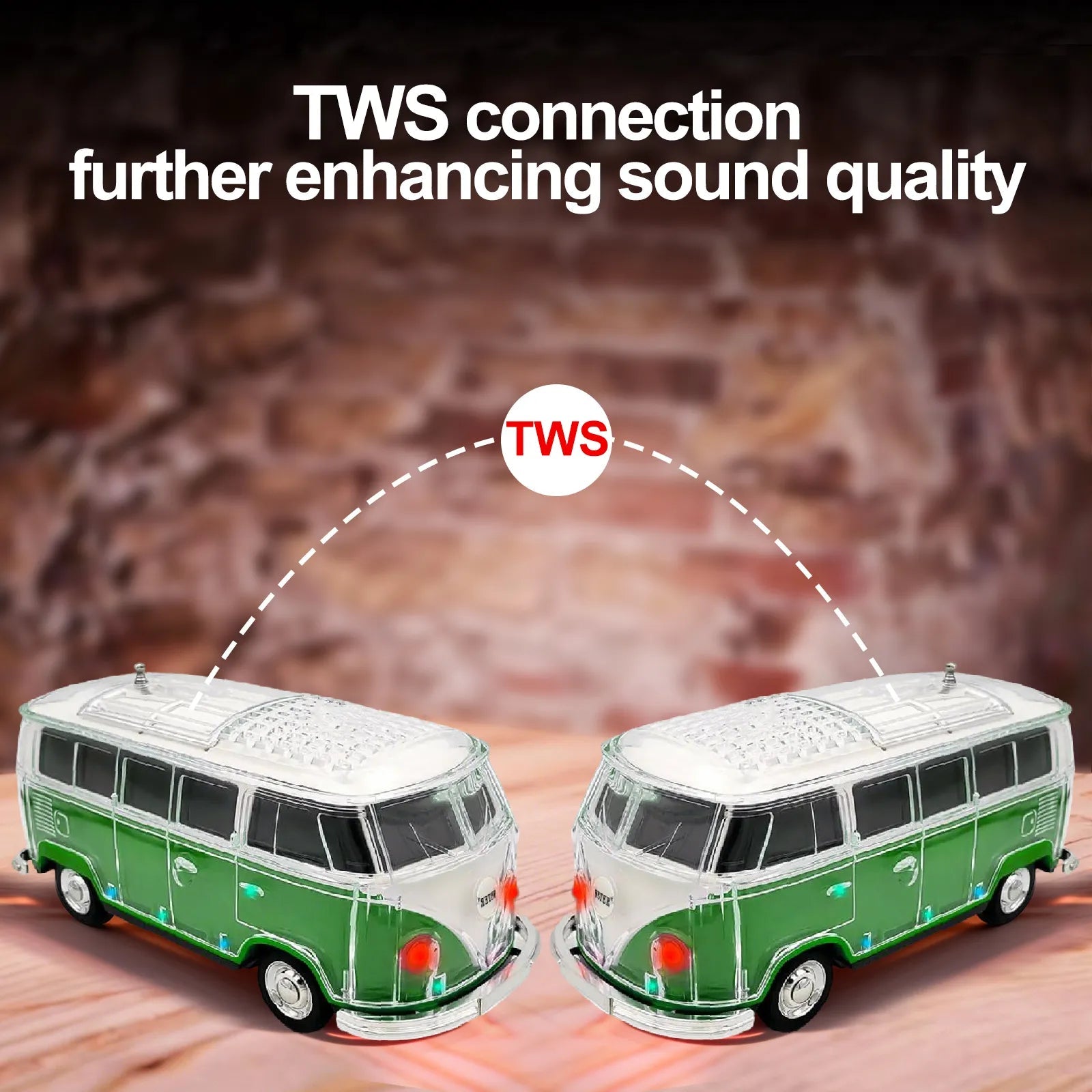 WS - 267 Bluetooth Replica Speaker with Mini Bus Design, Transparent Body with Switchable LED Party Light, FM Radio, TWS Pairing,Supports USB/TF, Considerate Gift for Car Fans & Audio Users - WSTER