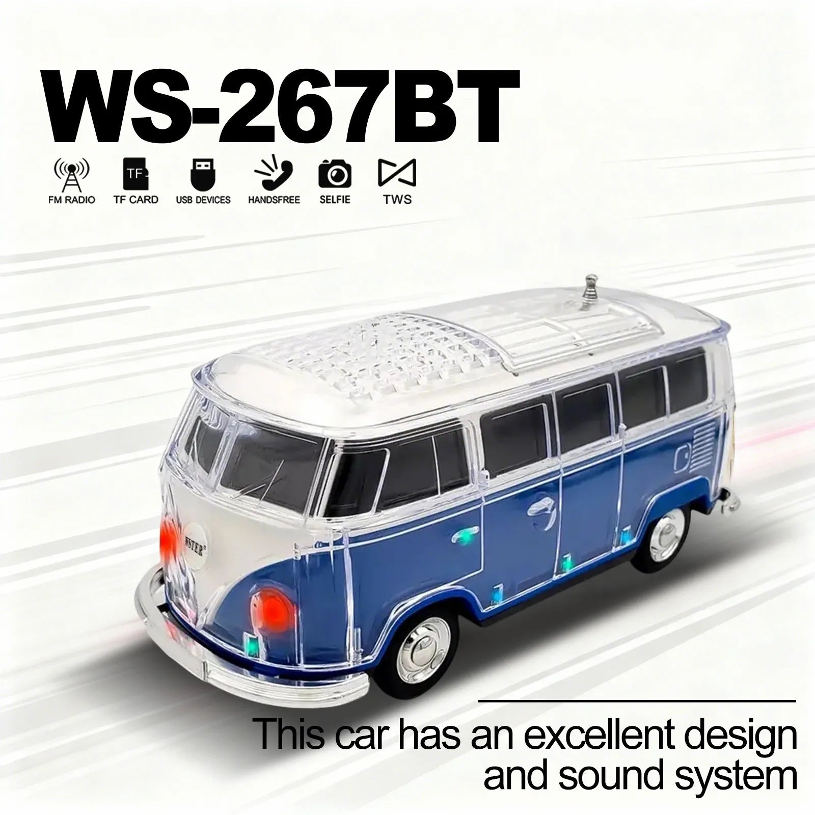 WS - 267 Bluetooth Replica Speaker with Mini Bus Design, Transparent Body with Switchable LED Party Light, FM Radio, TWS Pairing,Supports USB/TF, Considerate Gift for Car Fans & Audio Users - WSTER