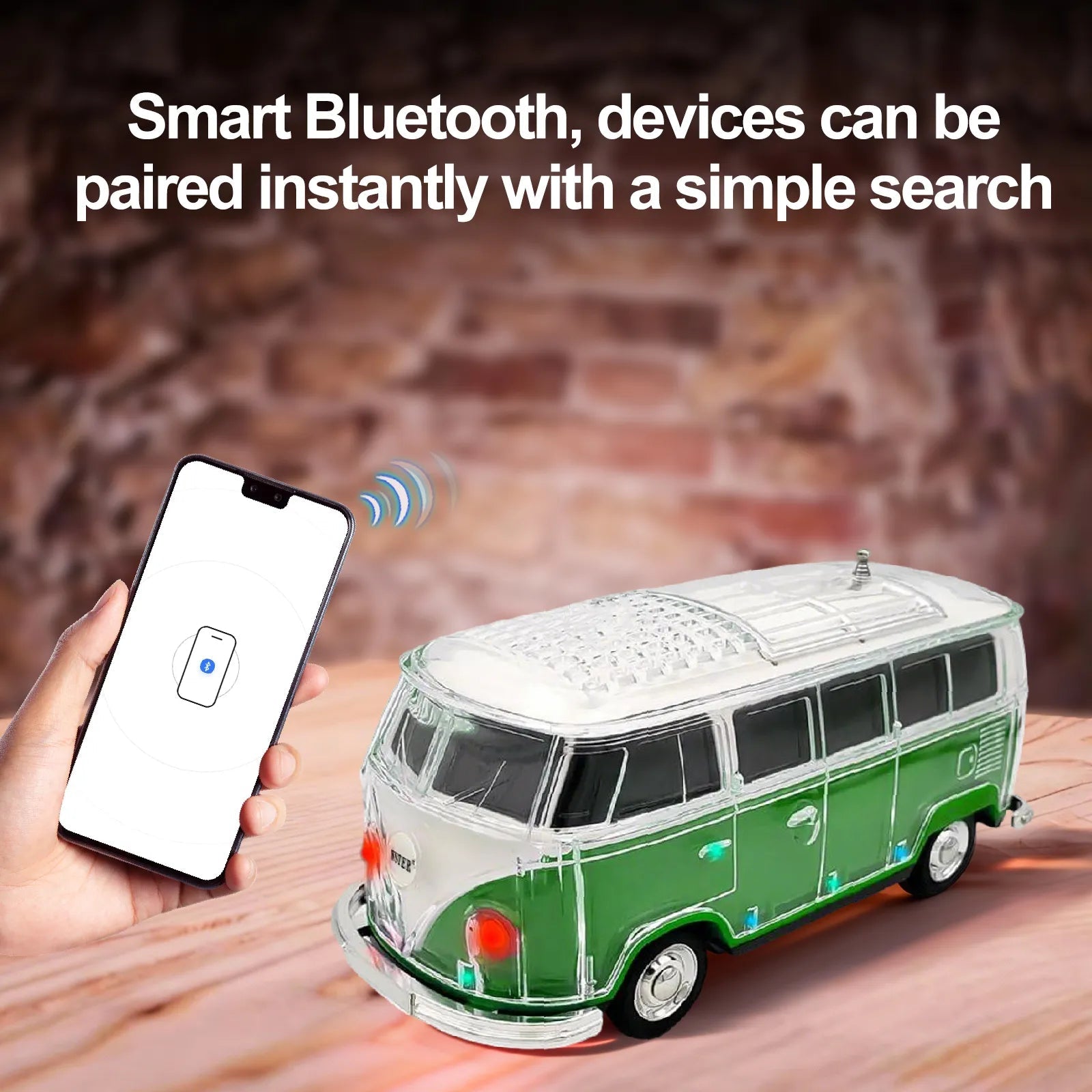 WS - 267 Bluetooth Replica Speaker with Mini Bus Design, Transparent Body with Switchable LED Party Light, FM Radio, TWS Pairing,Supports USB/TF, Considerate Gift for Car Fans & Audio Users - WSTER