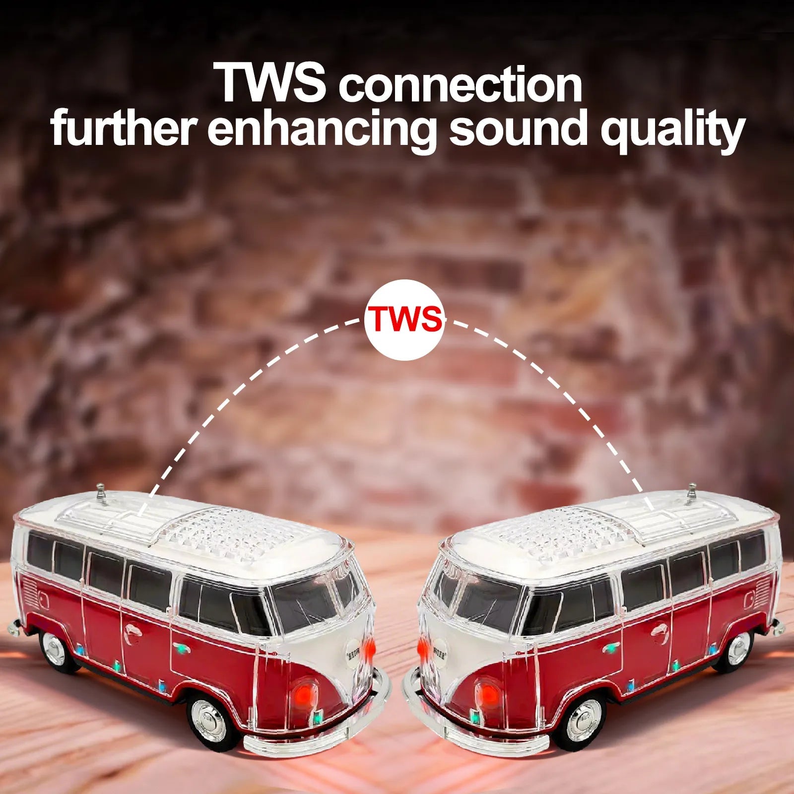 WS - 267 Bluetooth Replica Speaker with Mini Bus Design, Transparent Body with Switchable LED Party Light, FM Radio, TWS Pairing,Supports USB/TF, Considerate Gift for Car Fans & Audio Users - WSTER