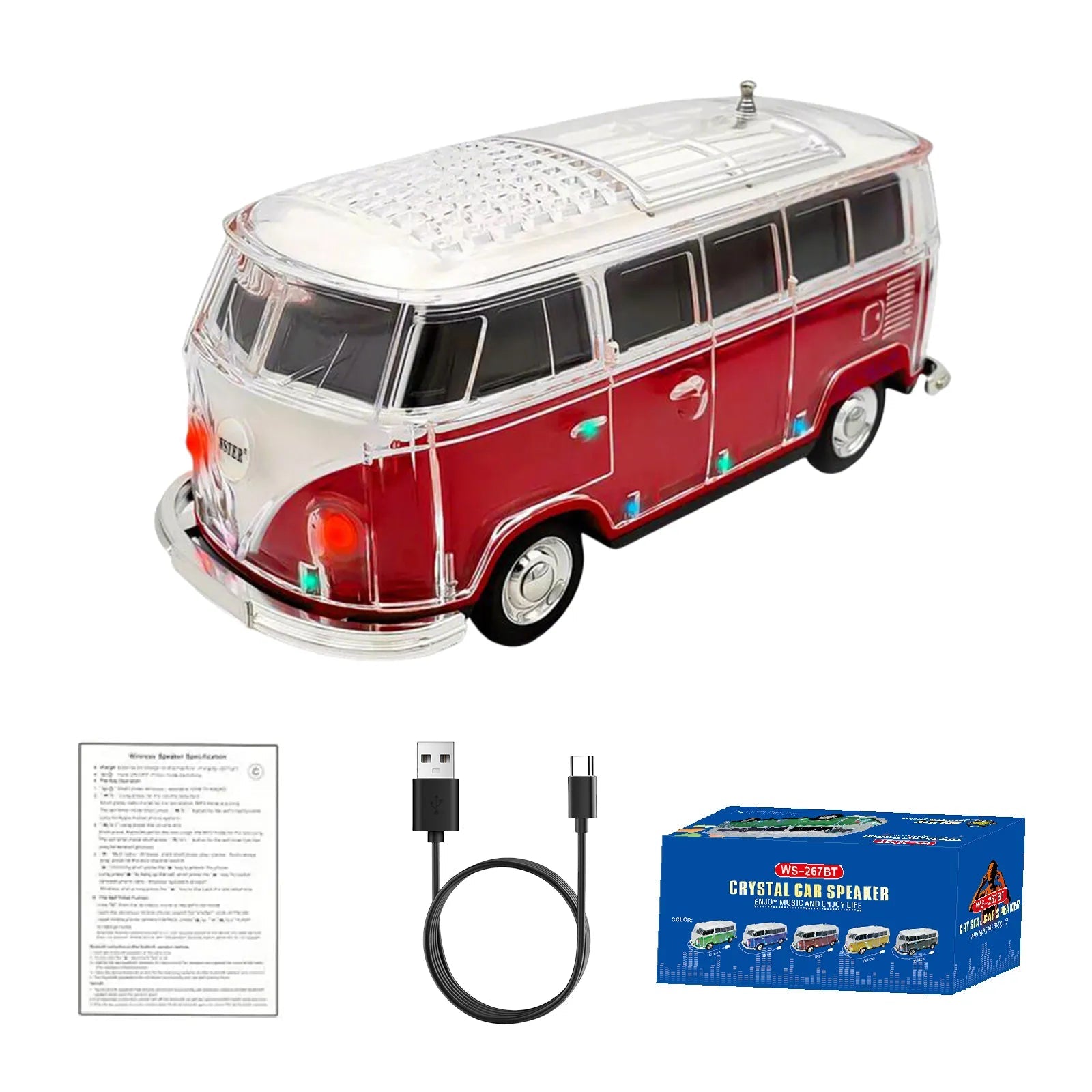 WS - 267 Bluetooth Replica Speaker with Mini Bus Design, Transparent Body with Switchable LED Party Light, FM Radio, TWS Pairing,Supports USB/TF, Considerate Gift for Car Fans & Audio Users - WSTER