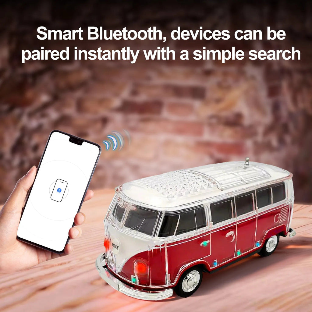 WS - 267 Bluetooth Replica Speaker with Mini Bus Design, Transparent Body with Switchable LED Party Light, FM Radio, TWS Pairing,Supports USB/TF, Considerate Gift for Car Fans & Audio Users - WSTER
