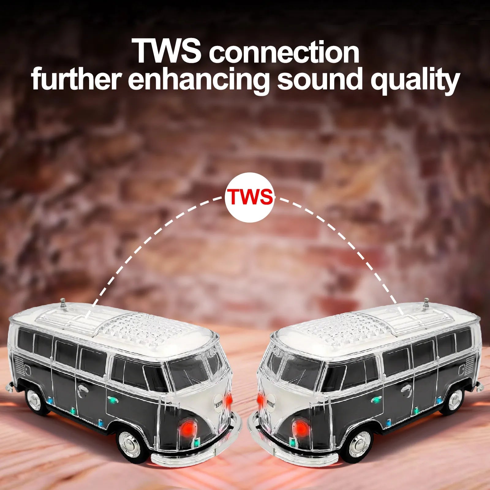 WS - 267 Bluetooth Replica Speaker with Mini Bus Design, Transparent Body with Switchable LED Party Light, FM Radio, TWS Pairing,Supports USB/TF, Considerate Gift for Car Fans & Audio Users - WSTER