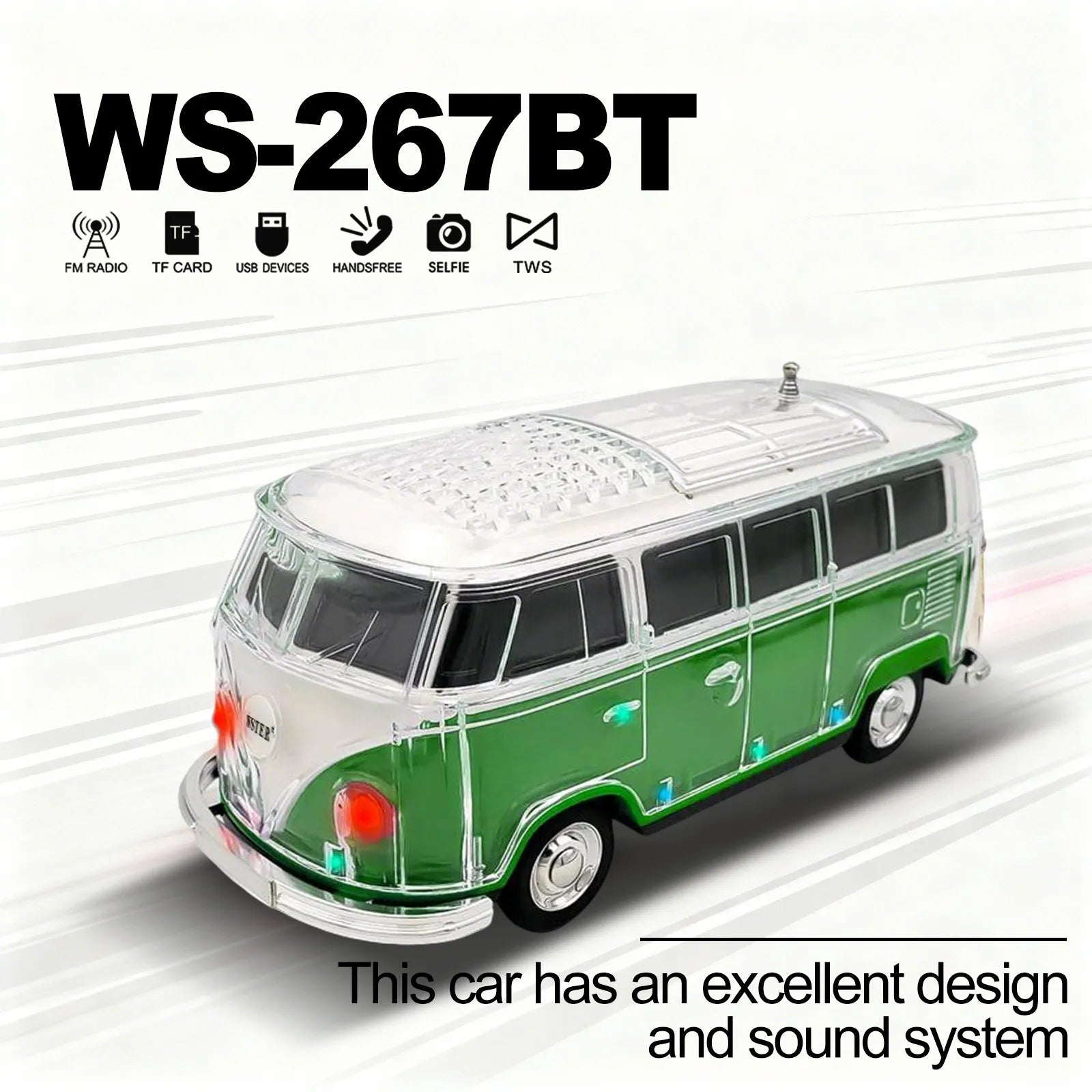 WS - 267 Bluetooth Replica Speaker with Mini Bus Design, Transparent Body with Switchable LED Party Light, FM Radio, TWS Pairing,Supports USB/TF, Considerate Gift for Car Fans & Audio Users - WSTER