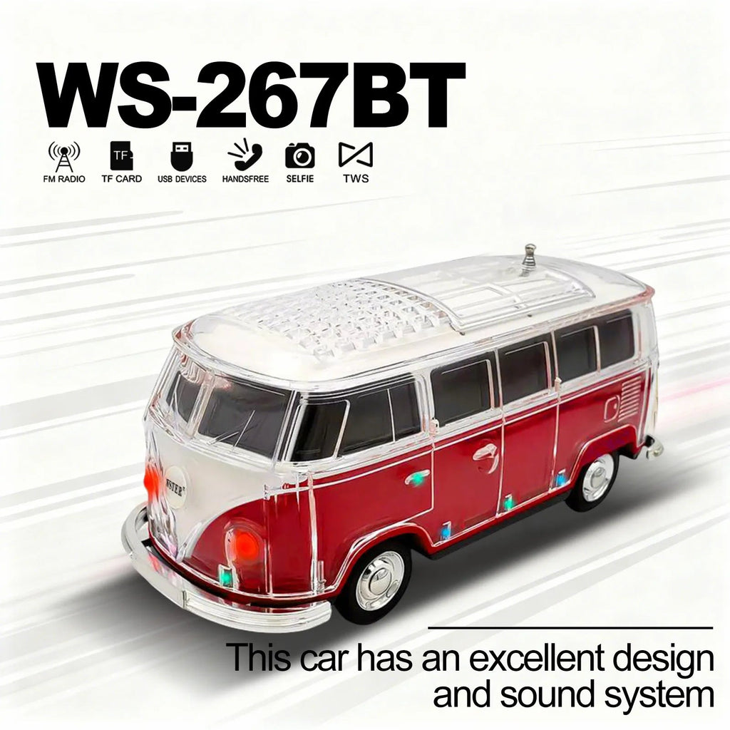 WS - 267 Bluetooth Replica Speaker with Mini Bus Design, Transparent Body with Switchable LED Party Light, FM Radio, TWS Pairing,Supports USB/TF, Considerate Gift for Car Fans & Audio Users - WSTER