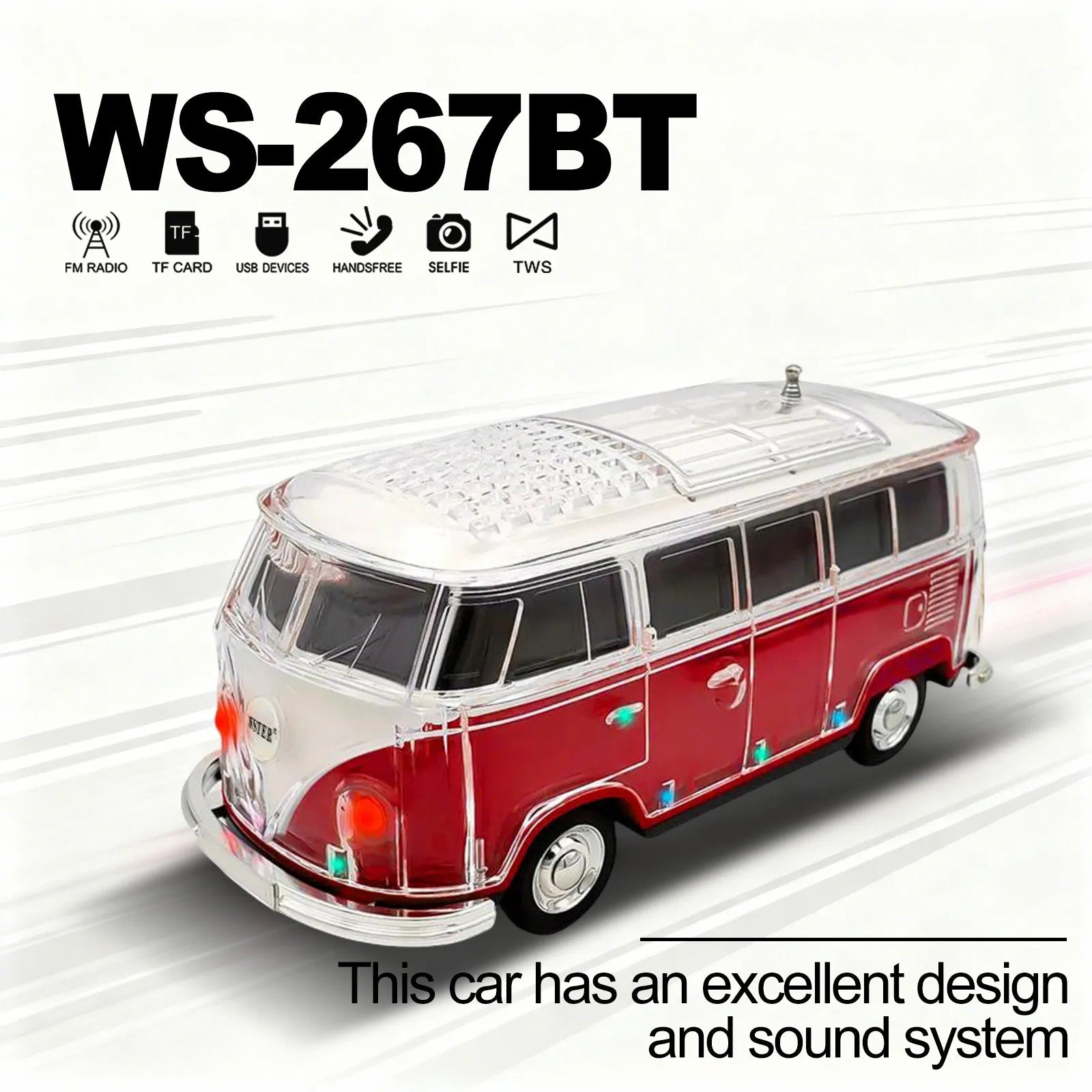 WS - 267 Bluetooth Replica Speaker with Mini Bus Design, Transparent Body with Switchable LED Party Light, FM Radio, TWS Pairing,Supports USB/TF, Considerate Gift for Car Fans & Audio Users - WSTER