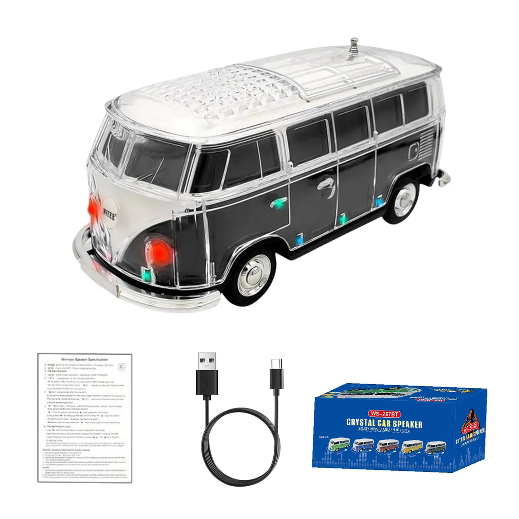 WS - 267 Bluetooth Replica Speaker with Mini Bus Design, Transparent Body with Switchable LED Party Light, FM Radio, TWS Pairing,Supports USB/TF, Considerate Gift for Car Fans & Audio Users - WSTER