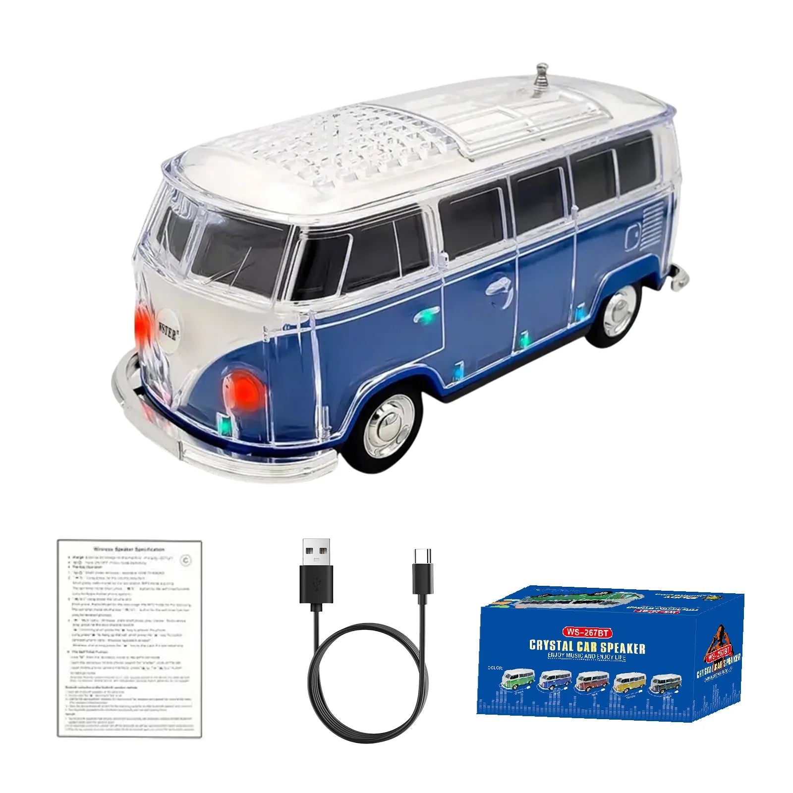 WS - 267 Bluetooth Replica Speaker with Mini Bus Design, Transparent Body with Switchable LED Party Light, FM Radio, TWS Pairing,Supports USB/TF, Considerate Gift for Car Fans & Audio Users - WSTER