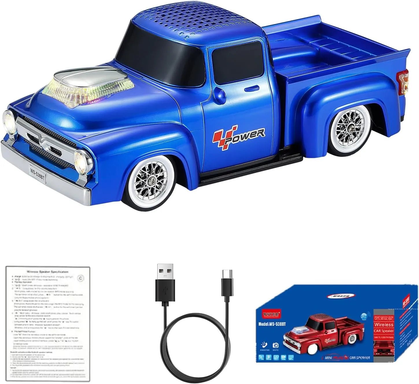 WS - 538 Retro Pickup Truck Bluetooth Replica Speaker – Portable Wireless Car Model Speaker with FM, TWS, LED Party Lights, USB/TF Playback, Built - in Microphone, Type - C, Surprise Gift - WSTER