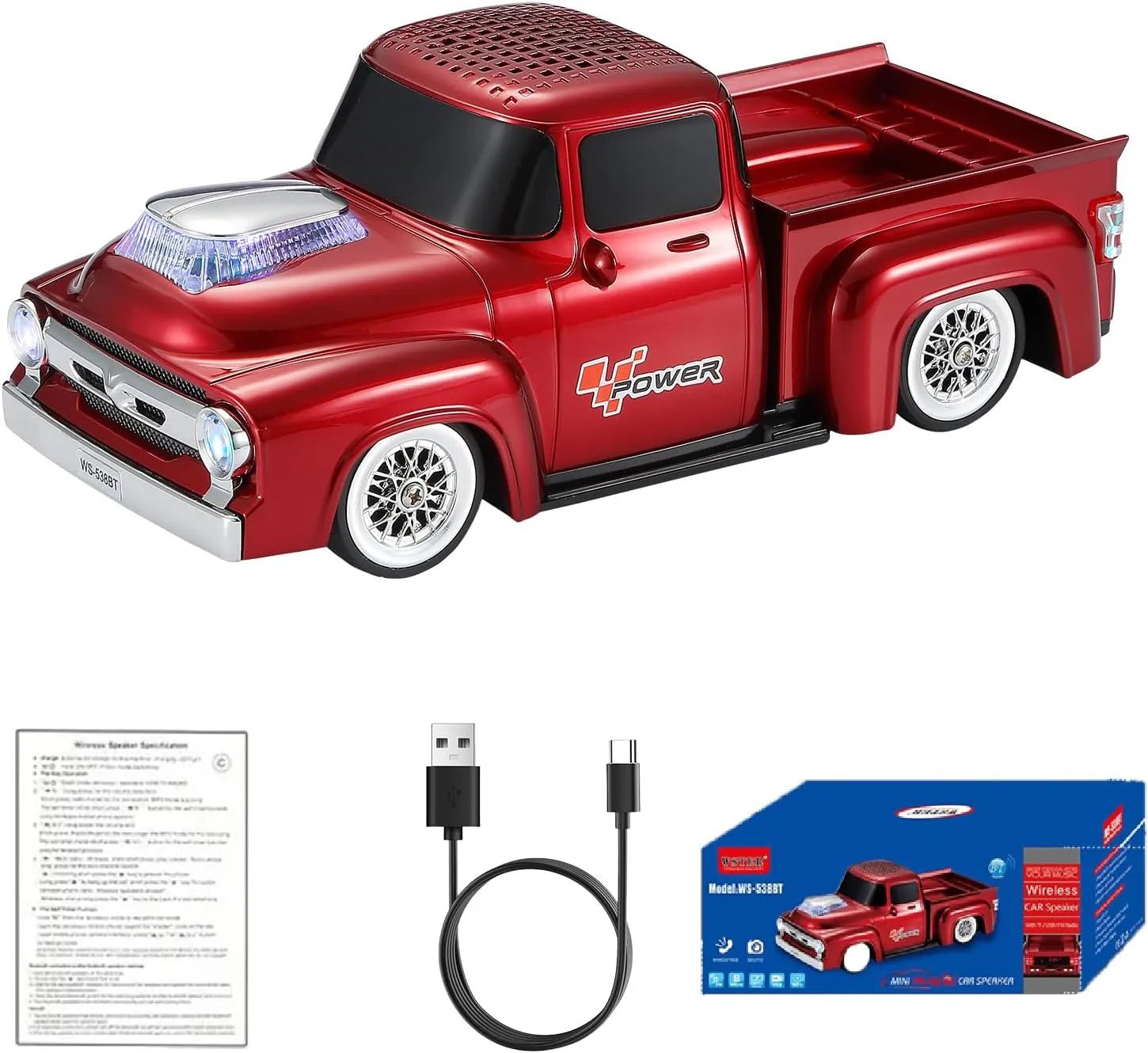 WS - 538 Retro Pickup Truck Bluetooth Replica Speaker – Portable Wireless Car Model Speaker with FM, TWS, LED Party Lights, USB/TF Playback, Built - in Microphone, Type - C, Surprise Gift - WSTER