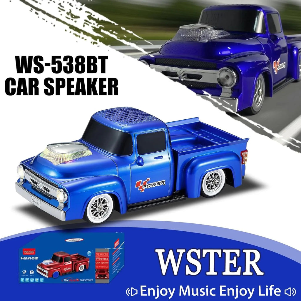 WS - 538 Retro Pickup Truck Bluetooth Replica Speaker – Portable Wireless Car Model Speaker with FM, TWS, LED Party Lights, USB/TF Playback, Built - in Microphone, Type - C, Surprise Gift - WSTER