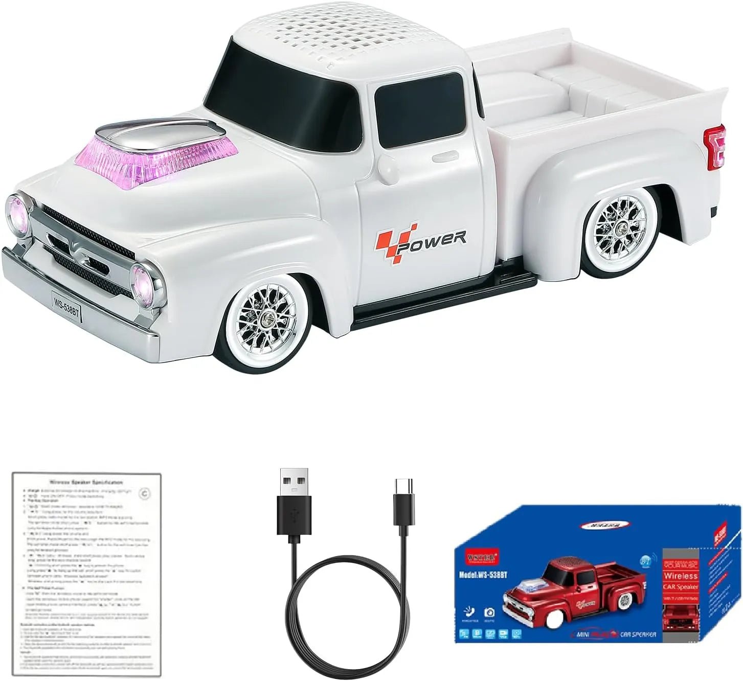WS - 538 Retro Pickup Truck Bluetooth Replica Speaker – Portable Wireless Car Model Speaker with FM, TWS, LED Party Lights, USB/TF Playback, Built - in Microphone, Type - C, Surprise Gift - WSTER