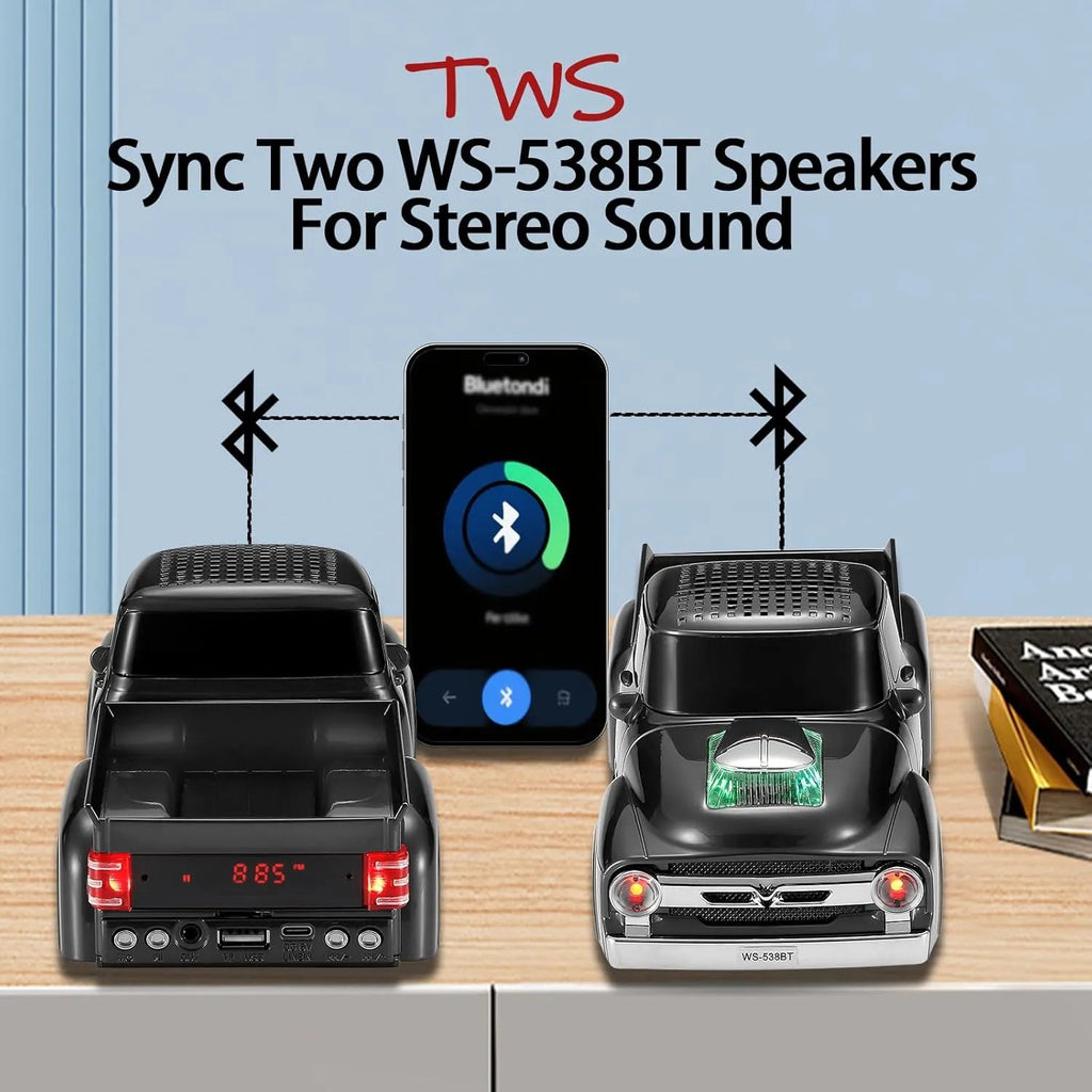 WS - 538 Retro Pickup Truck Bluetooth Replica Speaker – Portable Wireless Car Model Speaker with FM, TWS, LED Party Lights, USB/TF Playback, Built - in Microphone, Type - C, Surprise Gift - WSTER