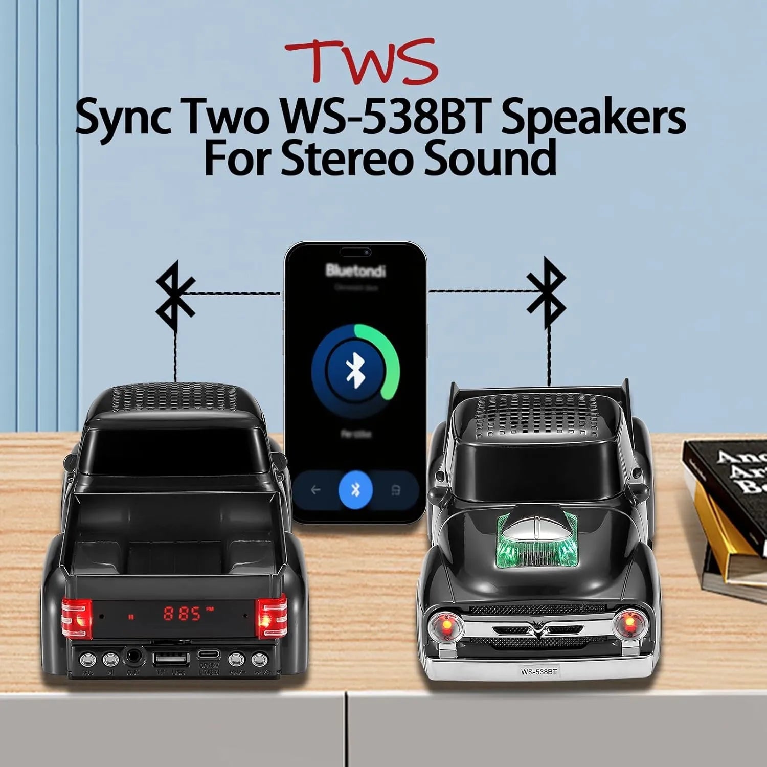 WS - 538 Retro Pickup Truck Bluetooth Replica Speaker – Portable Wireless Car Model Speaker with FM, TWS, LED Party Lights, USB/TF Playback, Built - in Microphone, Type - C, Surprise Gift - WSTER