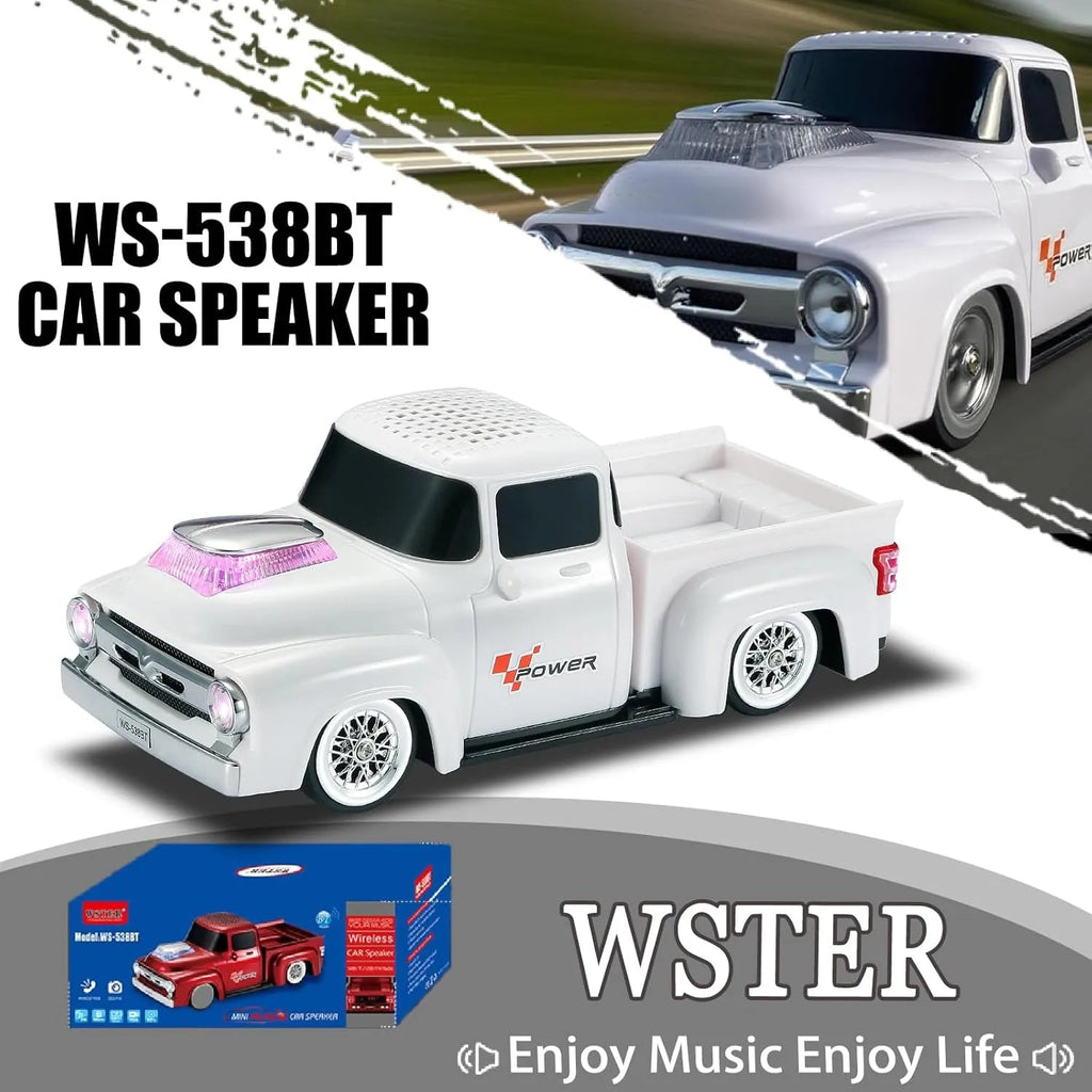 WS - 538 Retro Pickup Truck Bluetooth Replica Speaker – Portable Wireless Car Model Speaker with FM, TWS, LED Party Lights, USB/TF Playback, Built - in Microphone, Type - C, Surprise Gift - WSTER