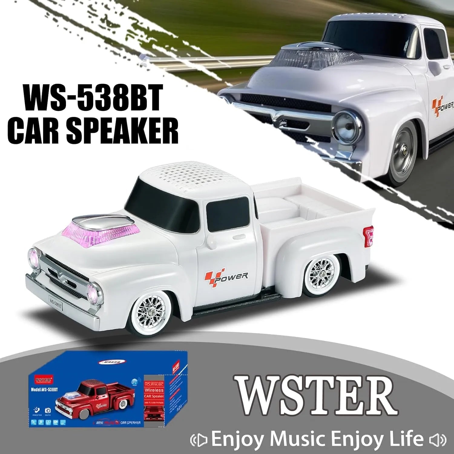 WS - 538 Retro Pickup Truck Bluetooth Replica Speaker – Portable Wireless Car Model Speaker with FM, TWS, LED Party Lights, USB/TF Playback, Built - in Microphone, Type - C, Surprise Gift - WSTER