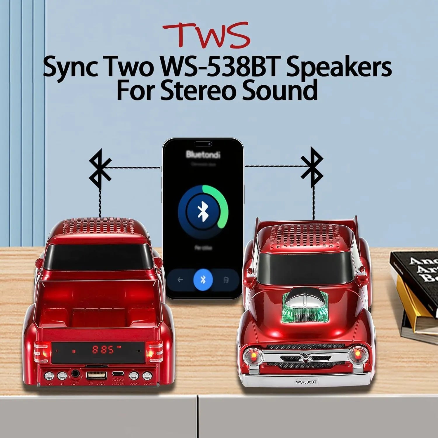 WS - 538 Retro Pickup Truck Bluetooth Replica Speaker – Portable Wireless Car Model Speaker with FM, TWS, LED Party Lights, USB/TF Playback, Built - in Microphone, Type - C, Surprise Gift - WSTER