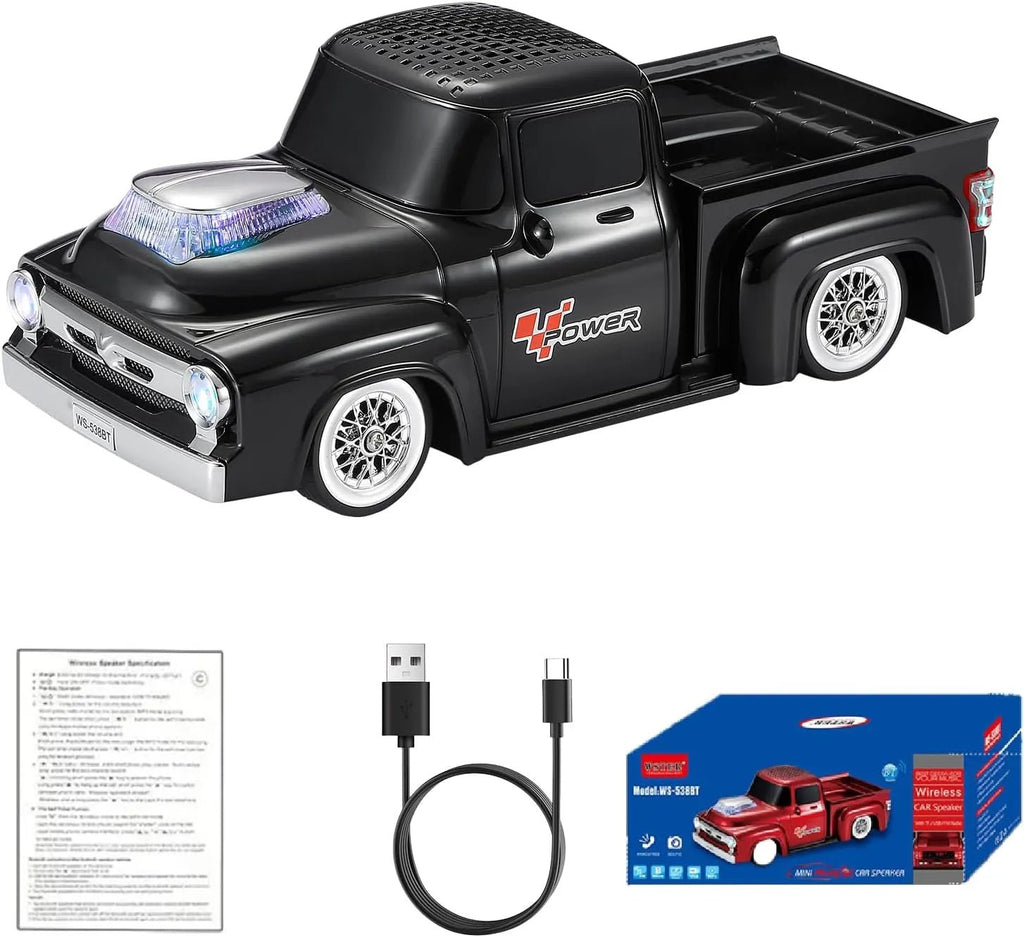 WS - 538 Retro Pickup Truck Bluetooth Replica Speaker – Portable Wireless Car Model Speaker with FM, TWS, LED Party Lights, USB/TF Playback, Built - in Microphone, Type - C, Surprise Gift - WSTER