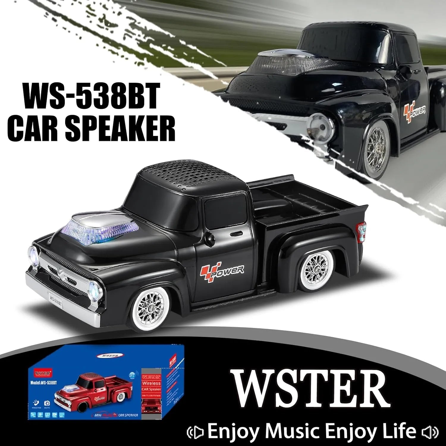 WS - 538 Retro Pickup Truck Bluetooth Replica Speaker – Portable Wireless Car Model Speaker with FM, TWS, LED Party Lights, USB/TF Playback, Built - in Microphone, Type - C, Surprise Gift - WSTER