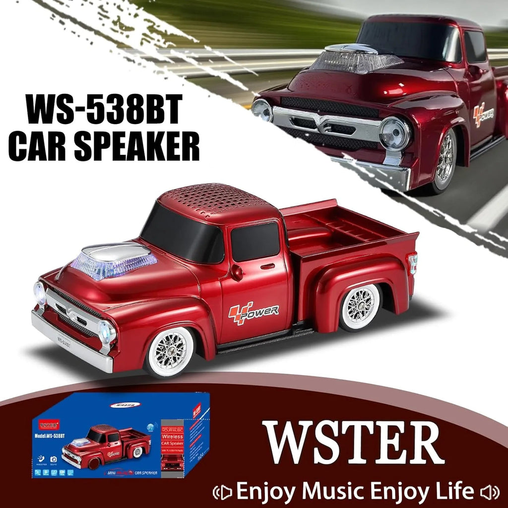 WS - 538 Retro Pickup Truck Bluetooth Replica Speaker – Portable Wireless Car Model Speaker with FM, TWS, LED Party Lights, USB/TF Playback, Built - in Microphone, Type - C, Surprise Gift - WSTER