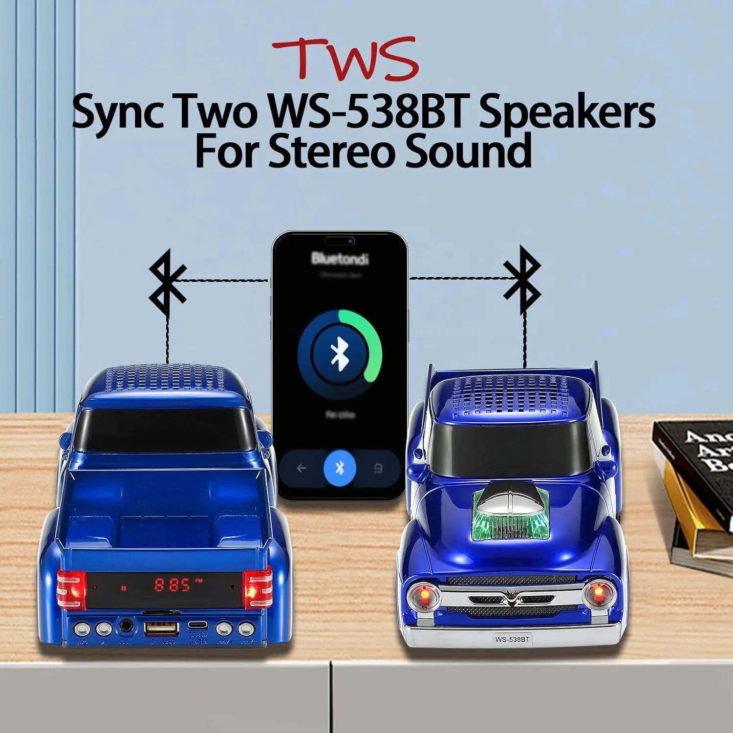 WS - 538 Retro Pickup Truck Bluetooth Replica Speaker – Portable Wireless Car Model Speaker with FM, TWS, LED Party Lights, USB/TF Playback, Built - in Microphone, Type - C, Surprise Gift - WSTER