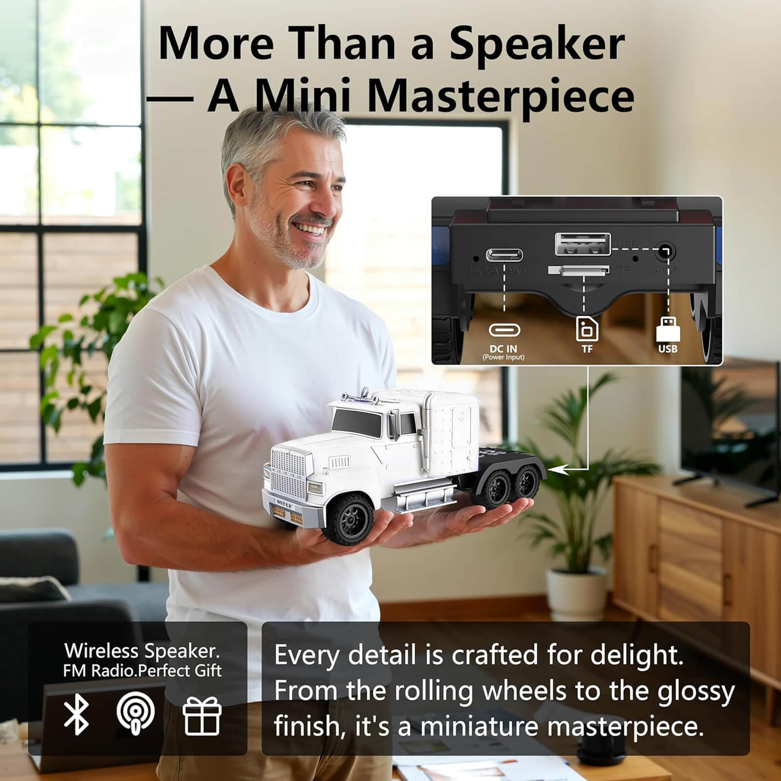 WS - 570 Retro American Truck Model Bluetooth Replica Speaker – Portable HD Sound, TWS Stereo,FM Radio,LED Party Lights,Built - in Microphone Hands - Free,Surprise Portable Gift for Car Enthusiasts - WSTER
