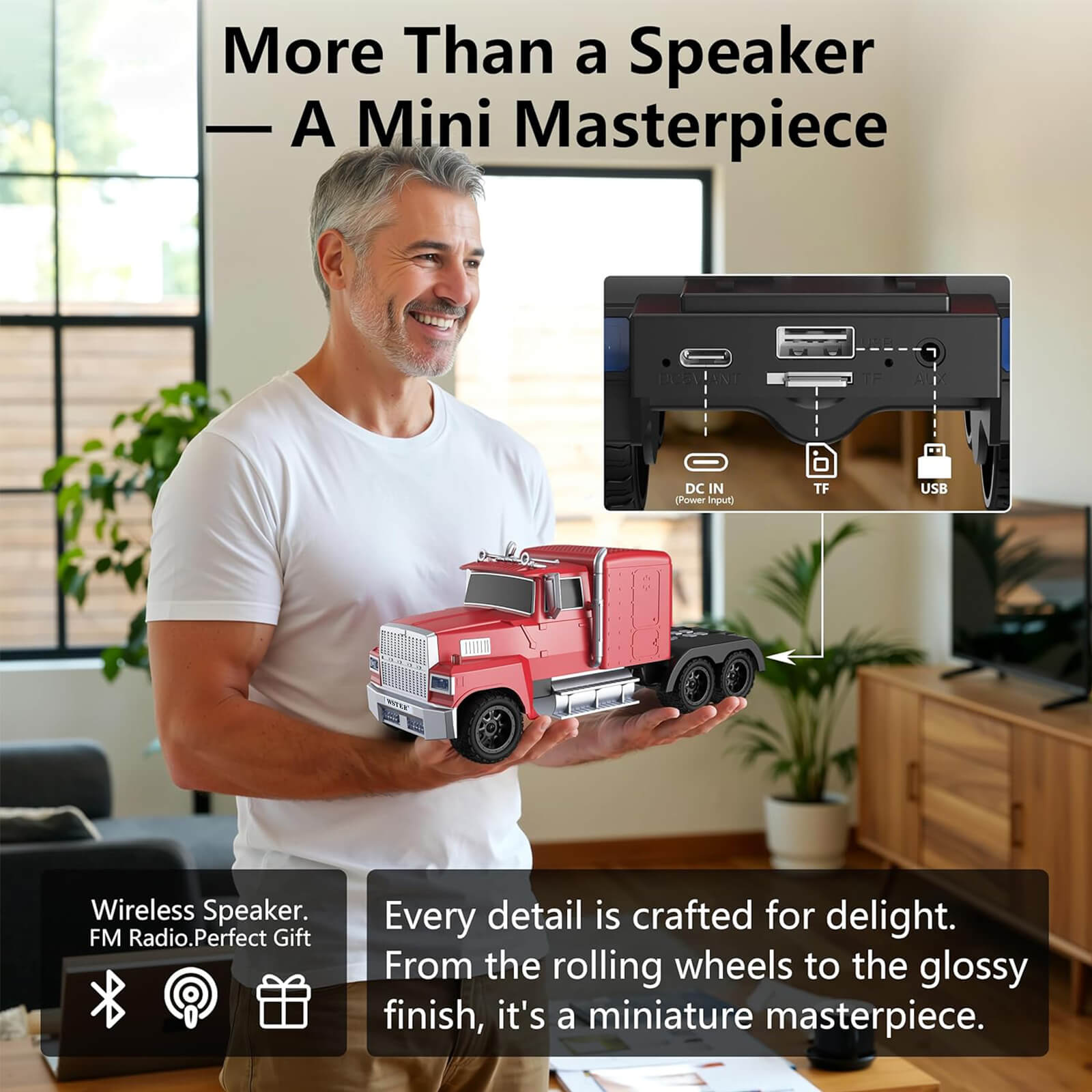 WS - 570 Retro American Truck Model Bluetooth Replica Speaker – Portable HD Sound, TWS Stereo,FM Radio,LED Party Lights,Built - in Microphone Hands - Free,Surprise Portable Gift for Car Enthusiasts - WSTER