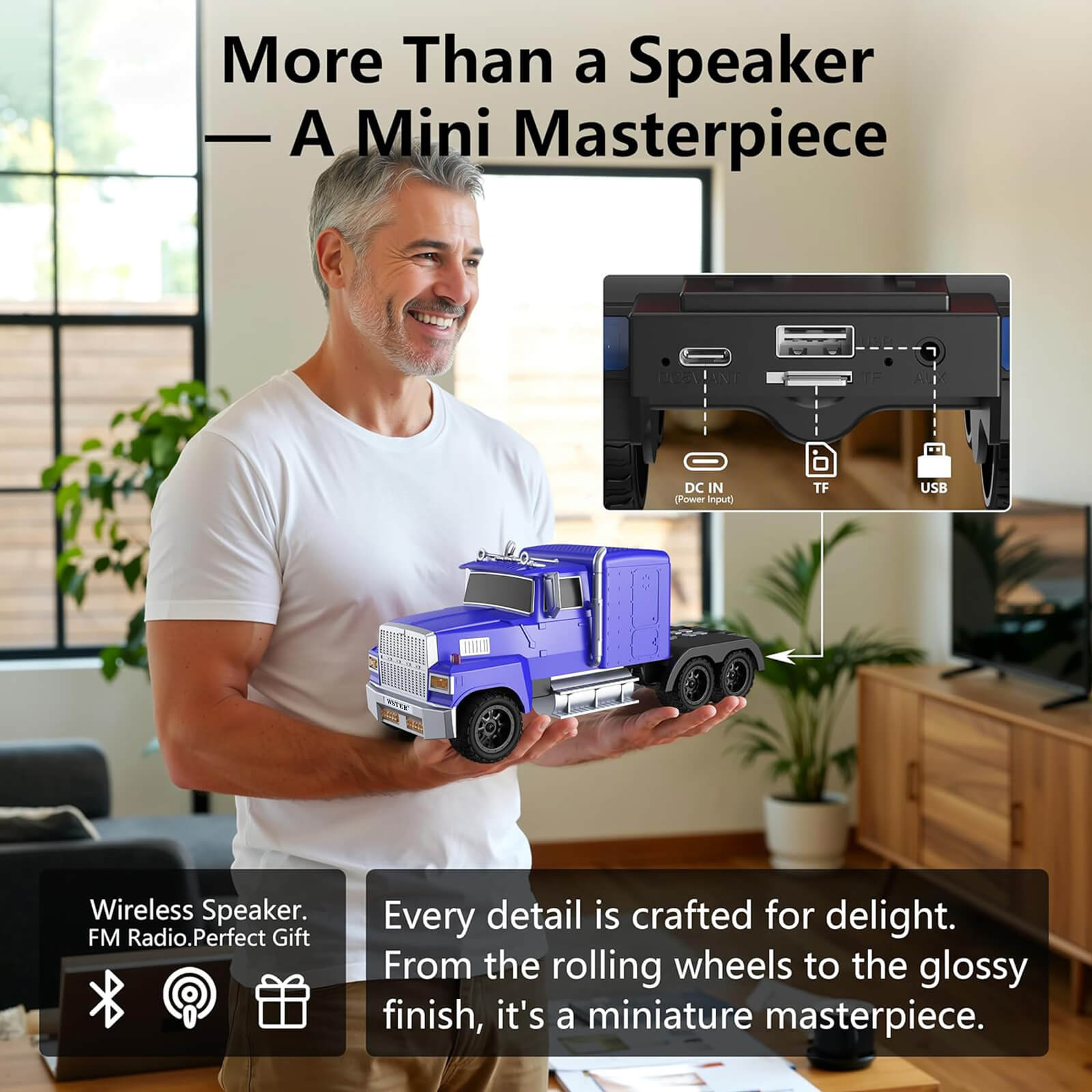 WS - 570 Retro American Truck Model Bluetooth Replica Speaker – Portable HD Sound, TWS Stereo,FM Radio,LED Party Lights,Built - in Microphone Hands - Free,Surprise Portable Gift for Car Enthusiasts - WSTER