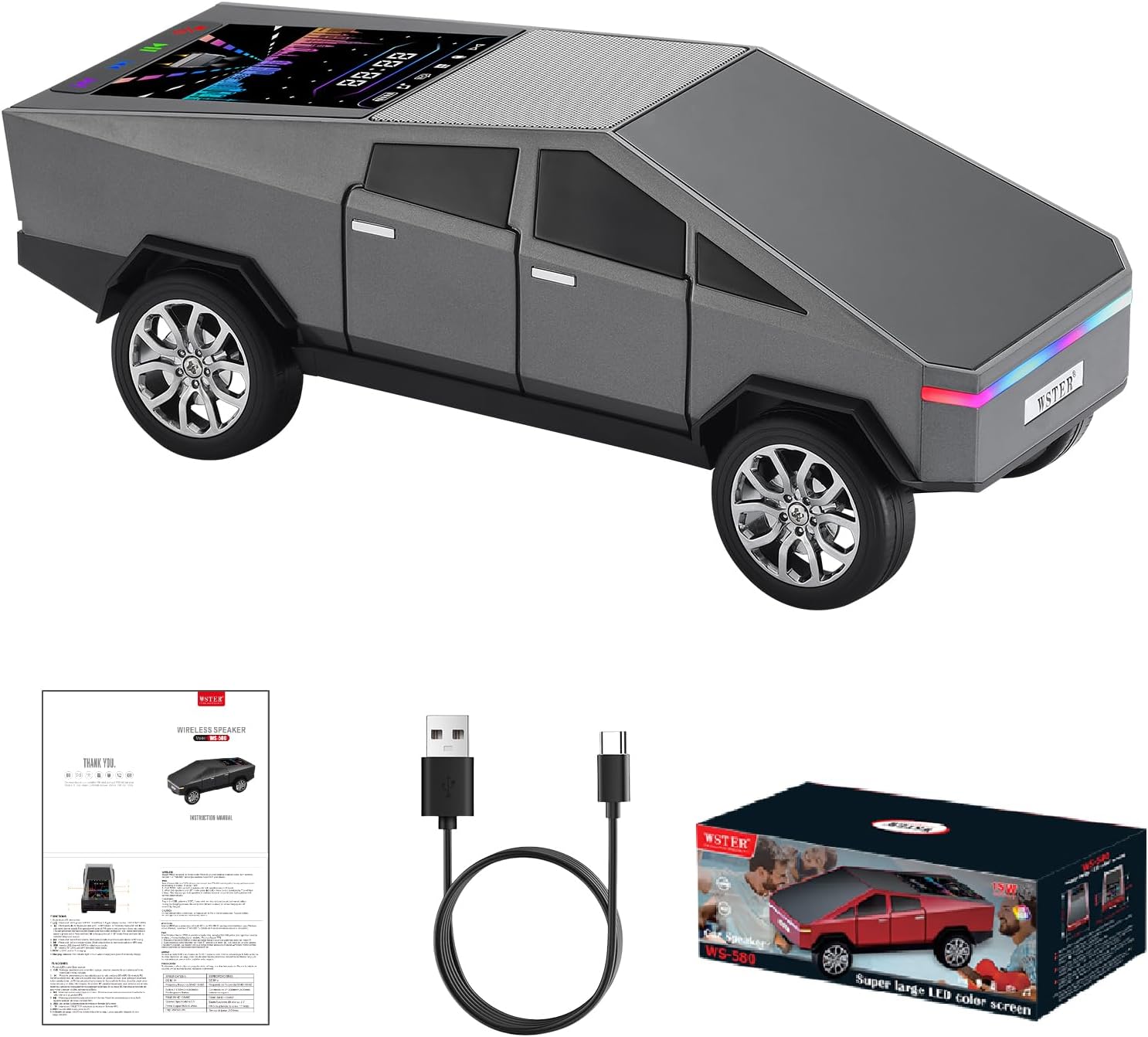WS - 580 Cybertruck Portable Bluetooth Speaker, Replica Car with Display Screen, HD Sound, TWS Pairing, FM Radio, Built - in Mic, Remote Selfie Control, LED Party Light, Gift for Car Lovers - WSTER