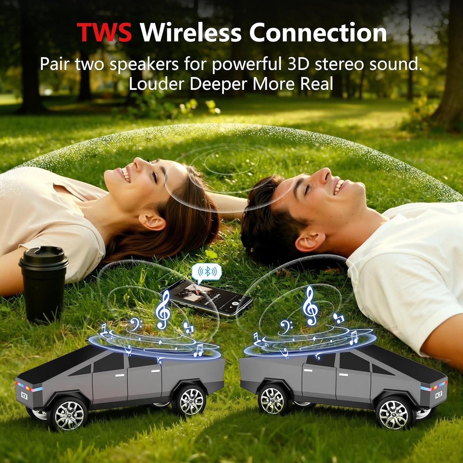 WS - 580 Cybertruck Portable Bluetooth Speaker, Replica Car with Display Screen, HD Sound, TWS Pairing, FM Radio, Built - in Mic, Remote Selfie Control, LED Party Light, Gift for Car Lovers - WSTER
